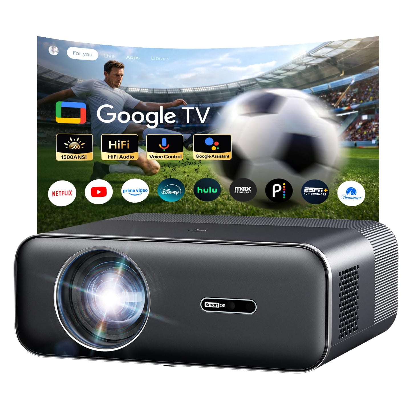 Google TV 4K Projector – Portable Smart Projector with WiFi and Bluetooth, Outdoor Movie Projecteur with Dual 10W Speaker, Autofocus & 6D Keystone, 1500 Lumens, HDR, Home Theater Proyector,Boldever H1