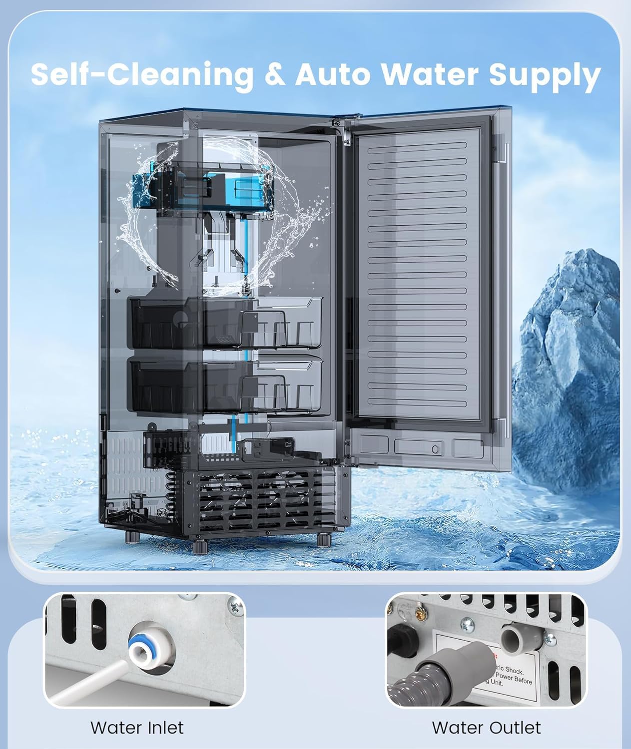 Electactic Nugget Ice Machine, Commercial Undercounter Ice Maker, 66Lbs/Day, Built-in Freestanding Stainless Steel, Self-Cleaning & 24H Timer for Business/Bar