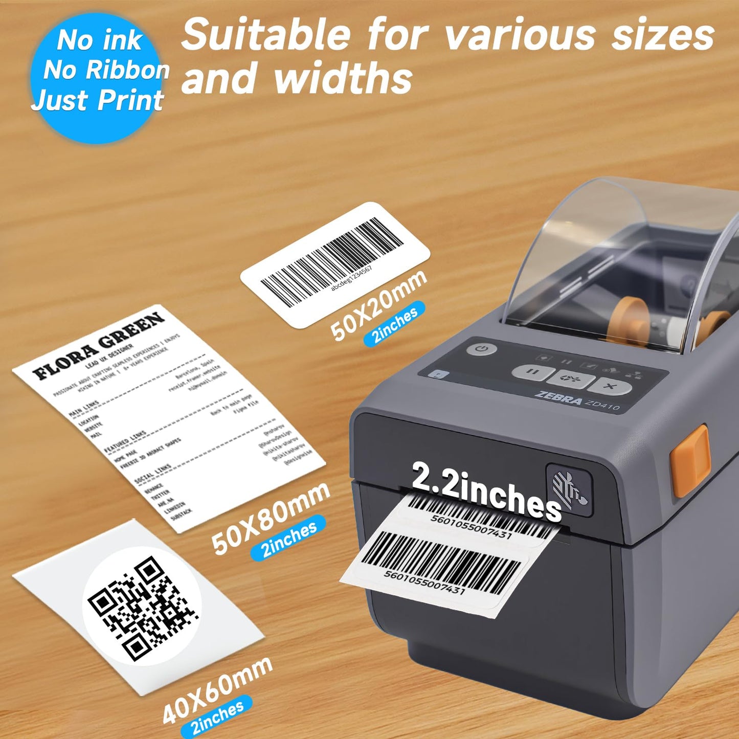 Zebra ZD410 203dpi Direct Thermal Desktop Monochrome Printer Print Width of 2 in Ethernet USB Connectivity, USB Host - ZD41022-D01000EZ