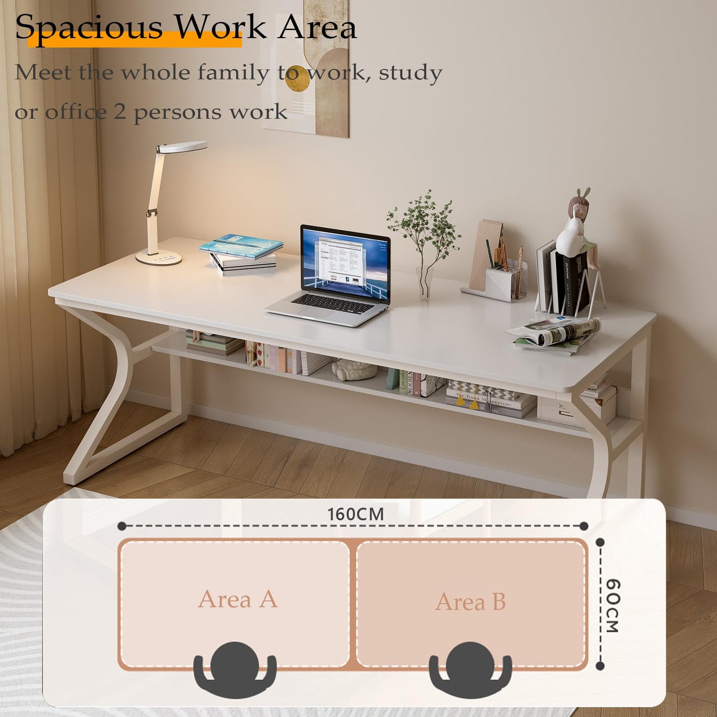 OSCHF Extra Long Desk with Bookshelf - 63" Double Long Writing Table for 2-Person Workstation, Modern Study Work Computer Desk for Home and Office, Warm White