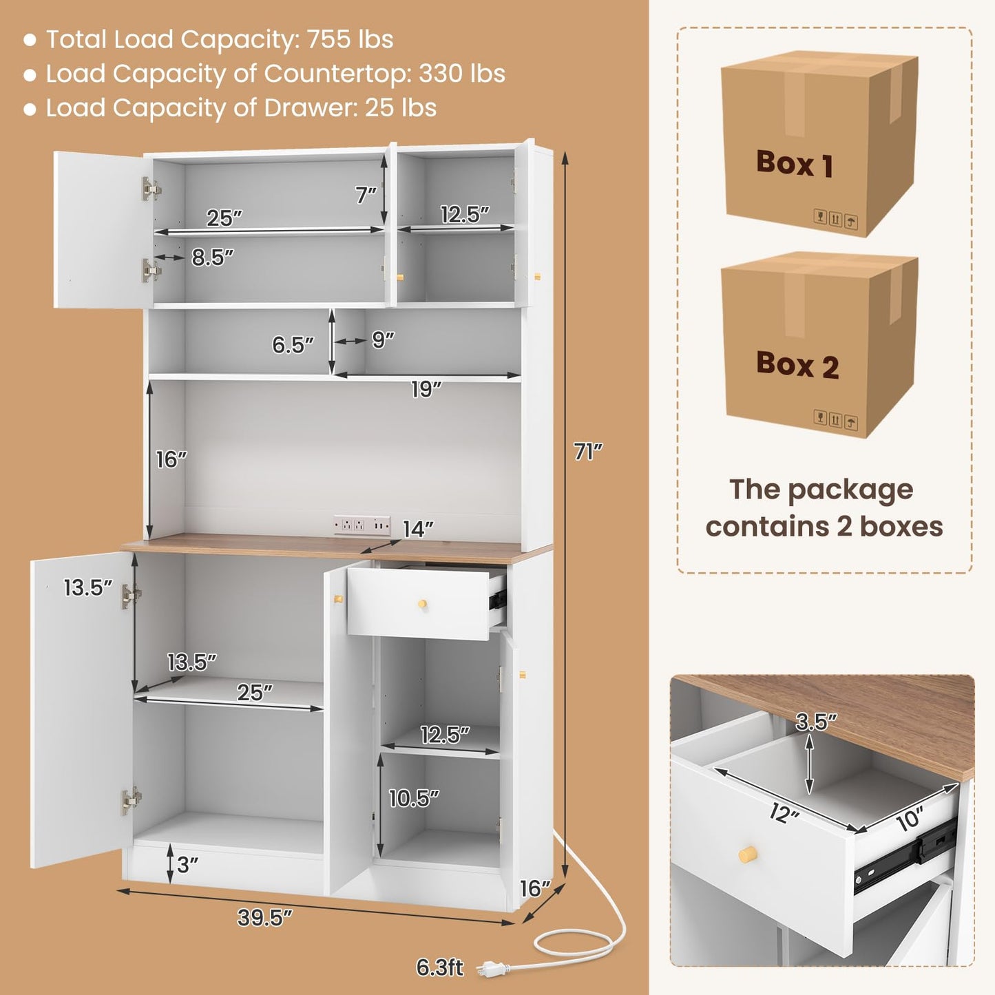 Giantex Kitchen Pantry Cabinet, 71” Tall Buffet Cabinet with Hutch, Built-in Power Outlet, 6 Doors Storage Cabinets, Drawer, Adjustable Shelves, Standing Cupboard for Dining Room Living Room (White)
