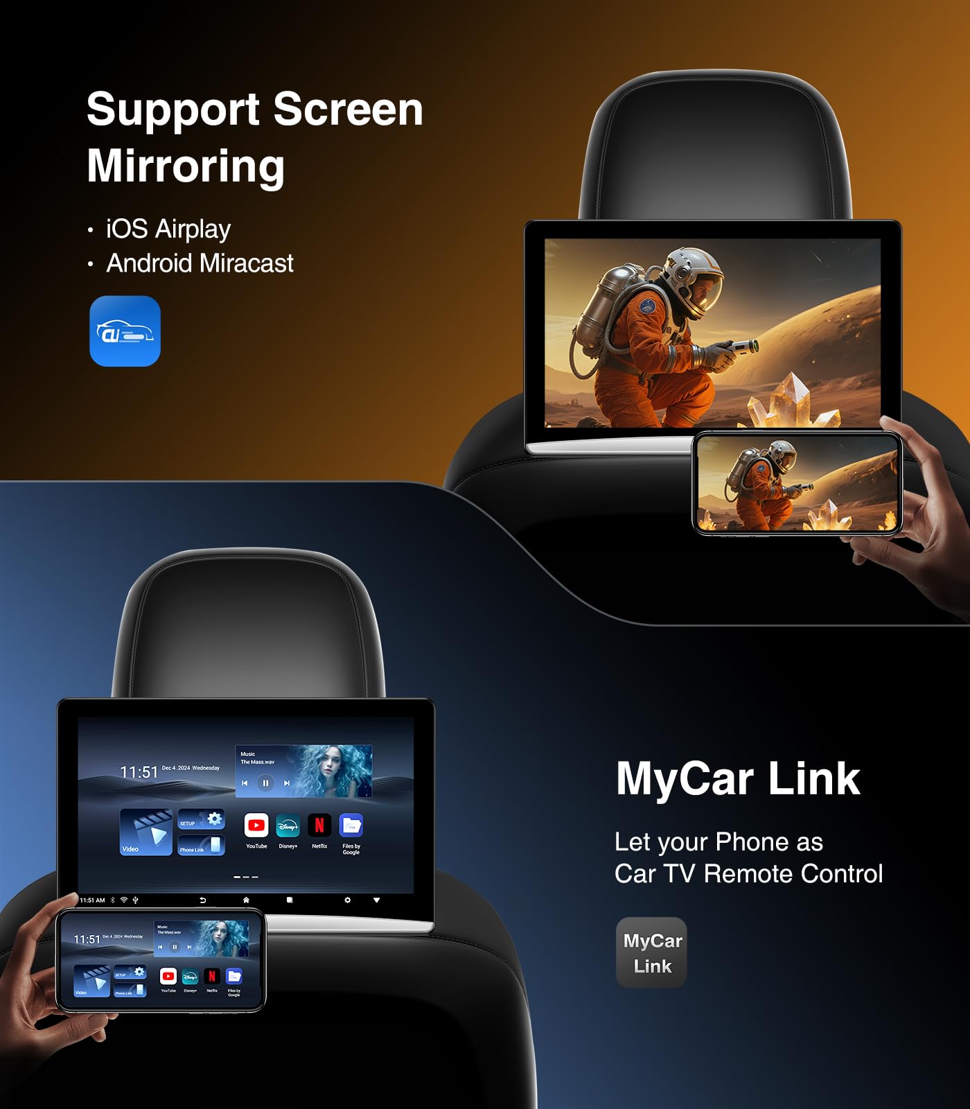 10.8" Android Car TV Headrest Monitor for Back Seat,Portable Rear Entertainment System Support Phone Wireless Mirroring 5G WiFi/HDMI/USB/Sync Touchscreen Video Players (2G+32G(2*PCS))