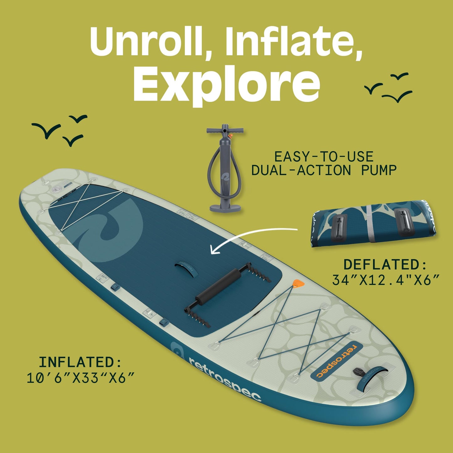 Retrospec Weekender Plus 10'6" Inflatable Paddle Board - Lake Essentials iSUP Bundle with Carrying Case, Adjustable Paddle, Pump & Fins - Stable Double-Layer PVC Design for All Skill Levels