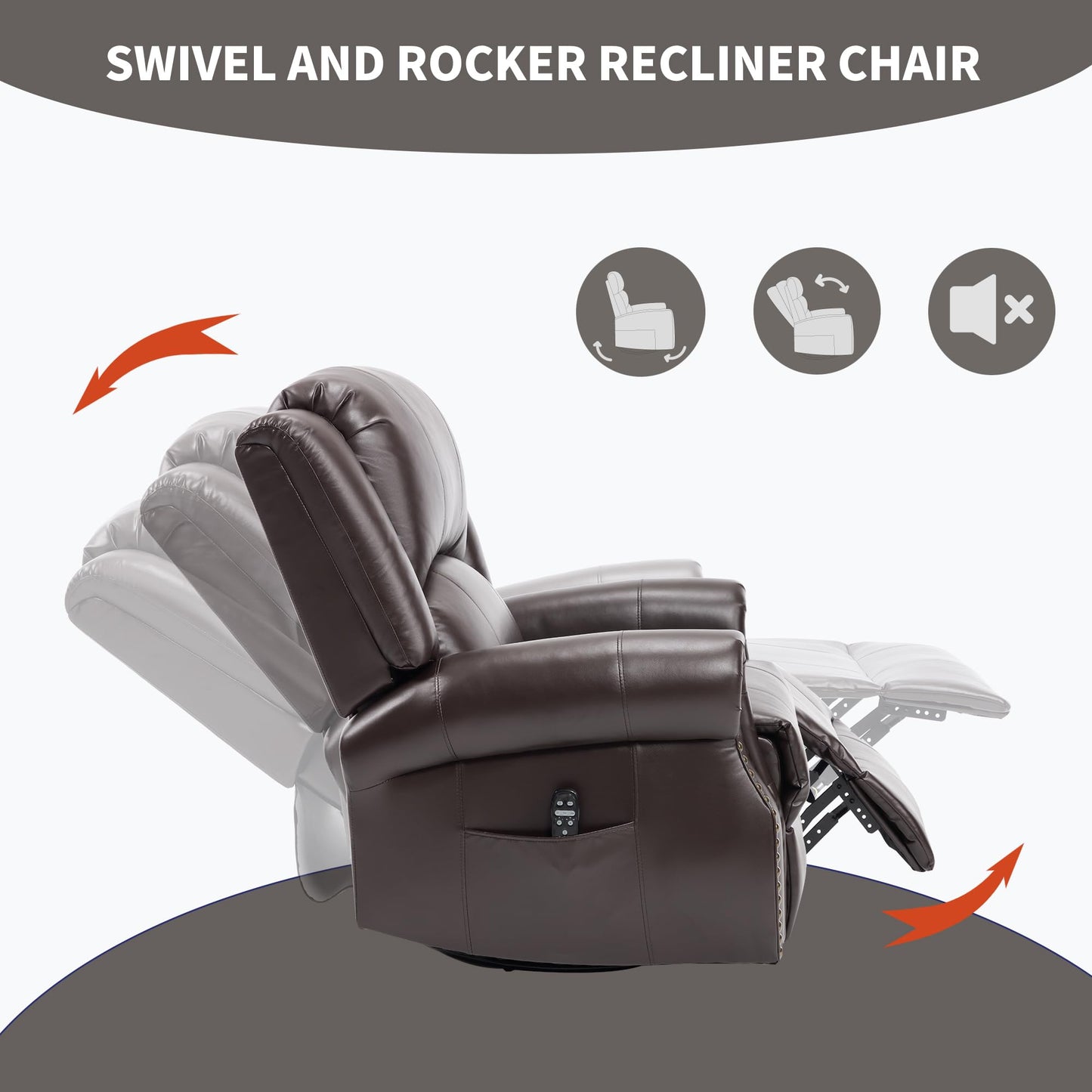 KEIKI Faux Leather Heat Massage Manual Recliner Chair with Square Arms and Cushion Back, for Elderly, Modern Style Oversized Swivel Reclining Sofa Chairs, Easy Assembly, for Living Room, Brown
