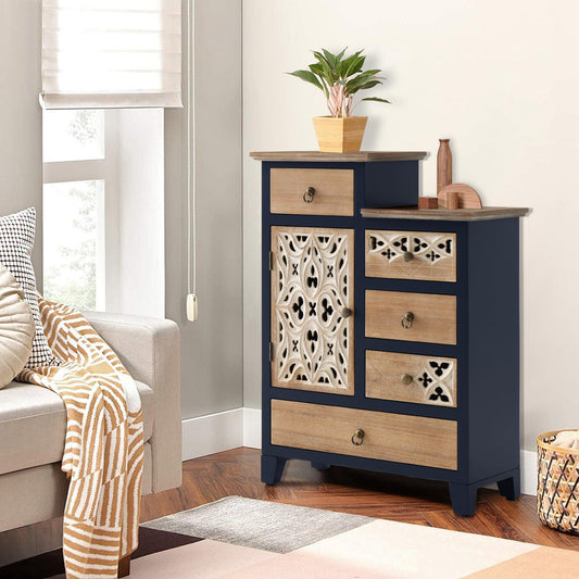 Ahokua Farmhouse Accent Chest with Carved Door and 5-Drawers, Vintage Storage Cabinet Modern Dresser for Living Room, Entryway, Hallway, Multi-Drawer Organizer, Natural and Deep Blue