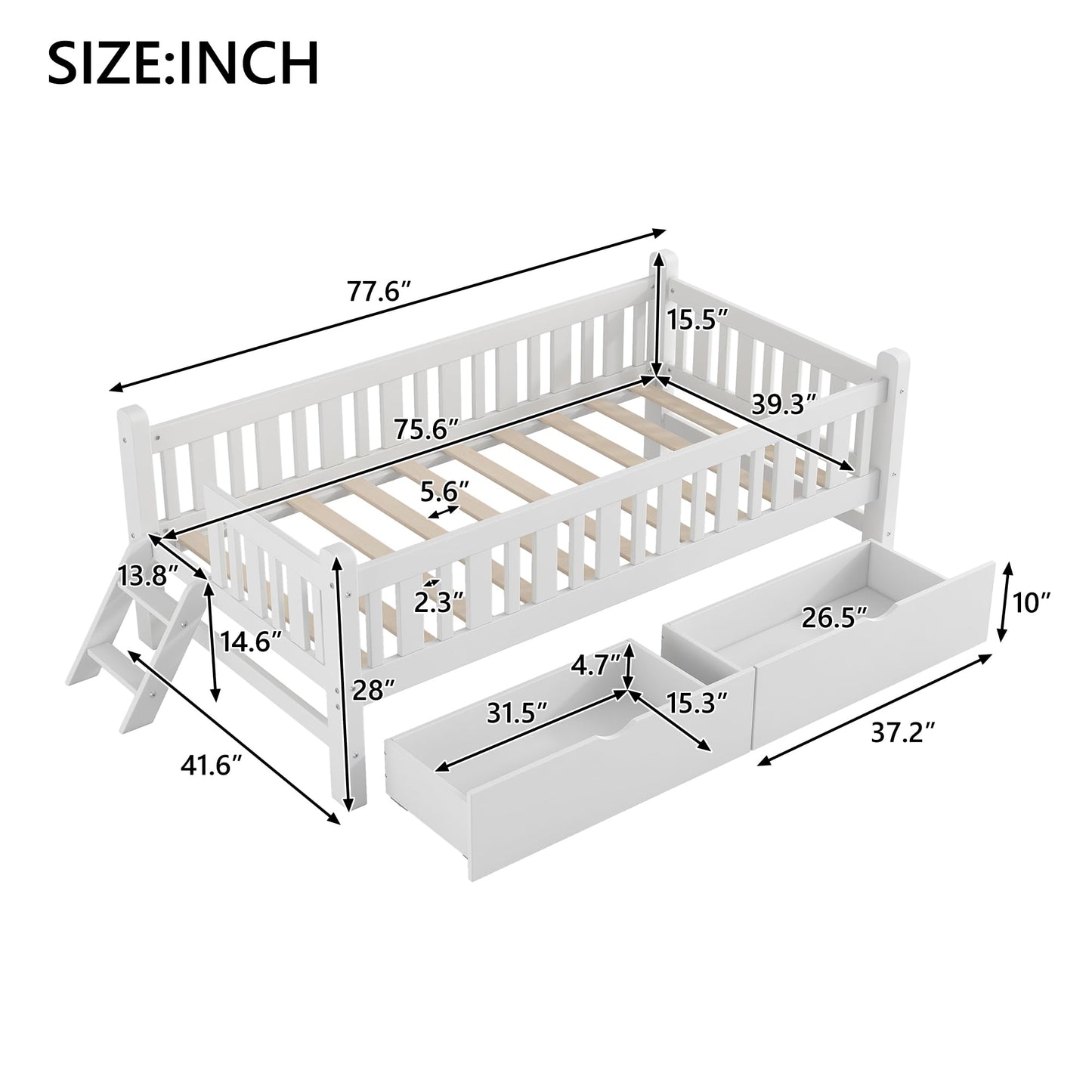 Merax Wood Twin Size Platform Bed with Guardrail and 2 Drawers, Kids Bed Frame with Stairs, White