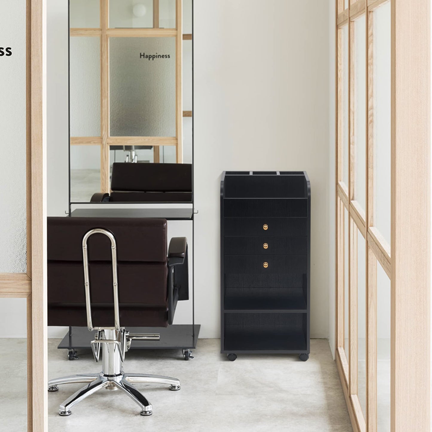 BarberPub Salon Utility Station with Wheels Barber Hair Stylist Rolling Trolley Spa Storage Furniture 2034 (Black)