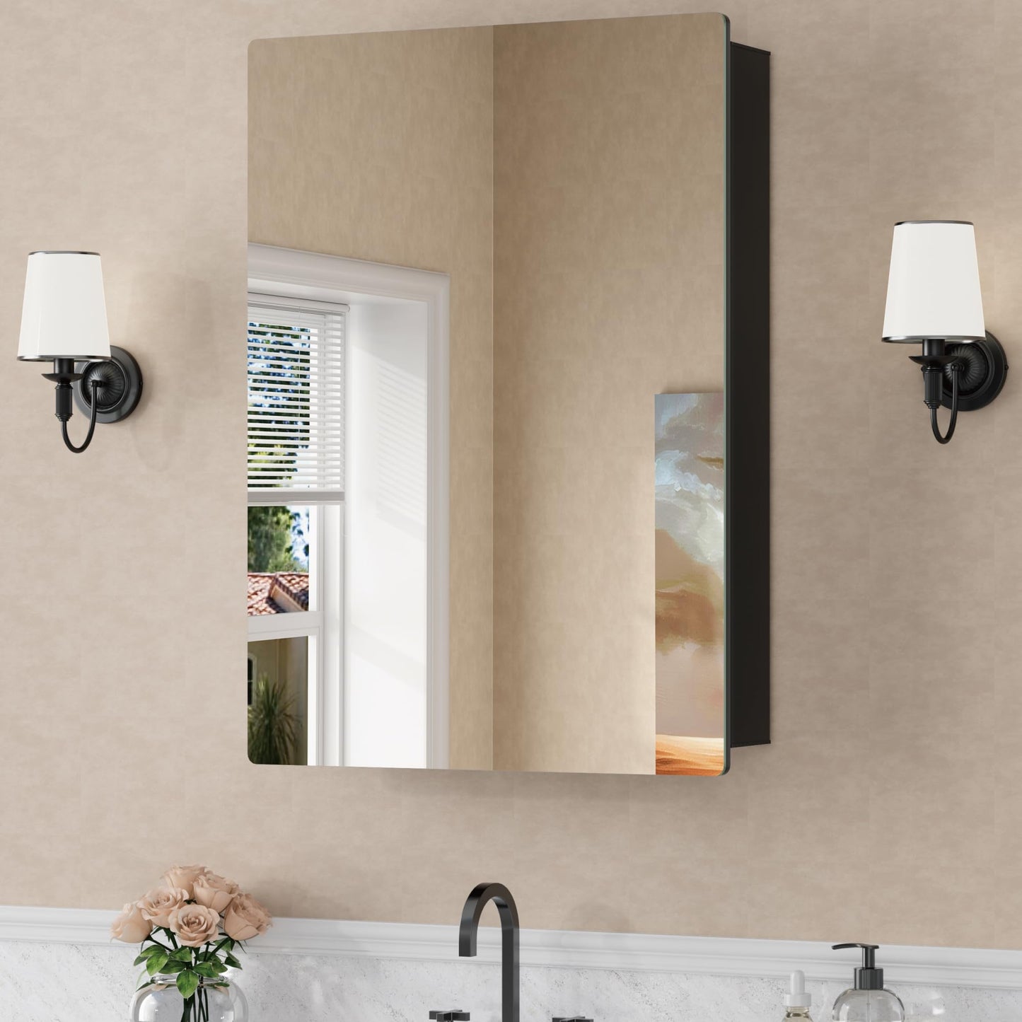 24x30 Inch Medicine Cabinet with Mirror, Recessed or Surface Mounted Bathroom Cabinets for Storage, 2 Fully Adjustable Tempered Glass Shelves, Soft-close DTC Hinges, HD Reflection Mirror Door, Black