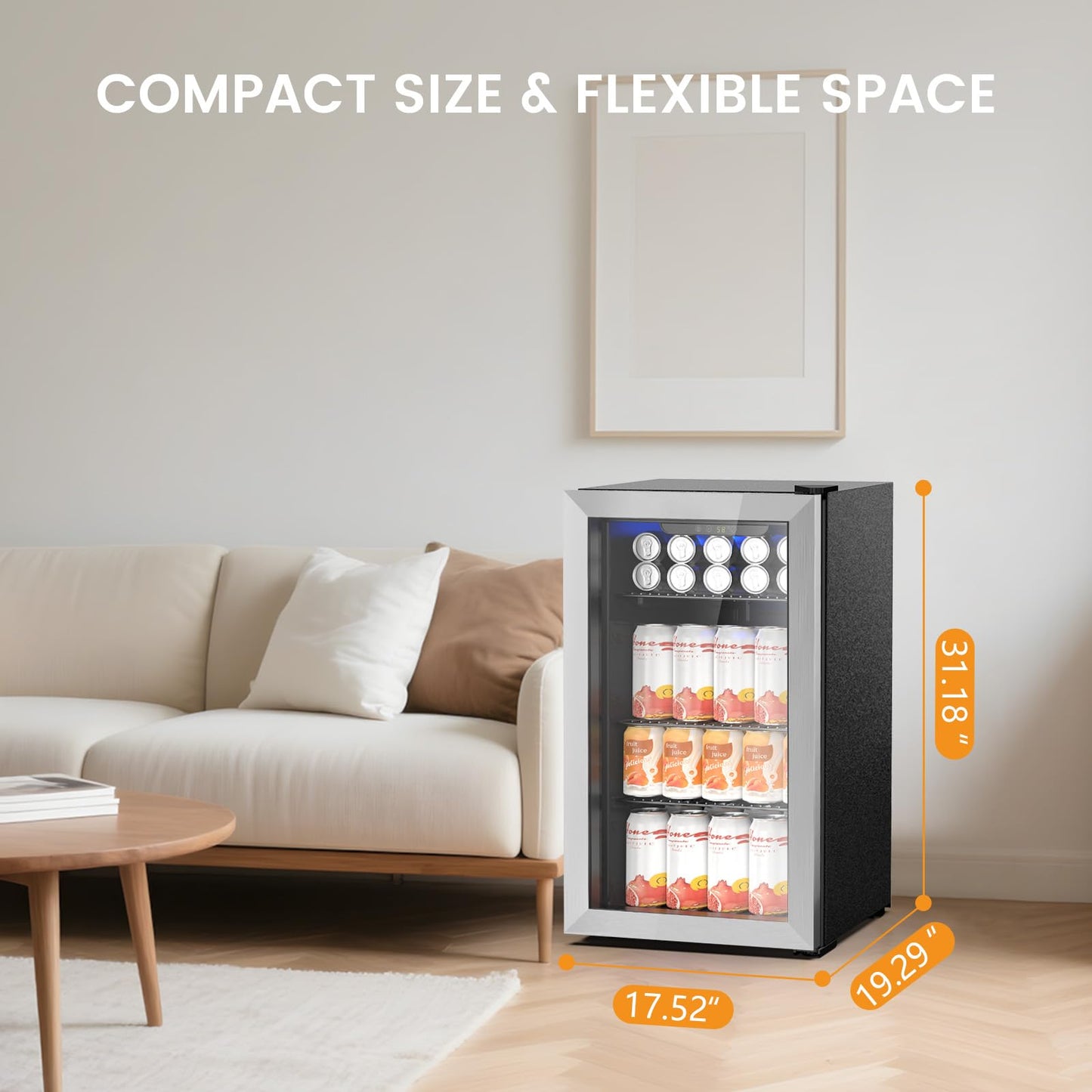 Electactic 130 Can Beverage Refrigerator Built In Freestanding Wine Fridge with Stainless Steel Reversible Glass Door, Quiet Compressor LED Touch Control for Home Kitchen Bar, 3.2 Cu.ft Silver