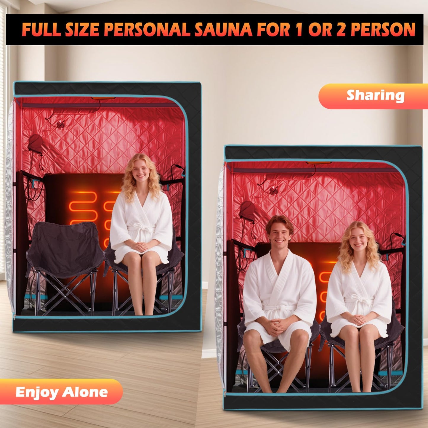 ZONEMEL 2-Person Portable Full Spectrum Infrared Large Sauna with Remote, 1600W Heating, 3 Carbon Panels, Red Light Therapy & 2 Chairs, Dry Heat, Home Spa Tent for Relaxation (47.2"x35.4"x63")