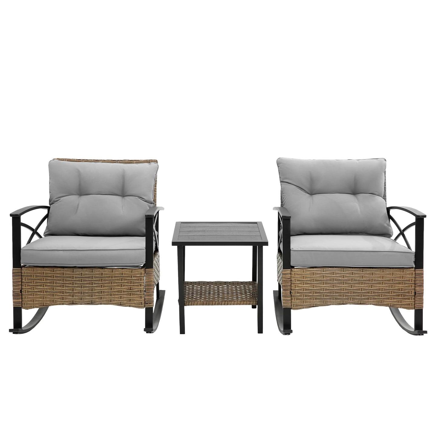 GDFStudio 3-Piece Outdoor Rattan Rocking Chair Set, Patio Wicker Rocker Chairs with Cushions & Side Table, Modern Conversation Set for Porch, Balcony, Garden, Backyard, Grey Cushions