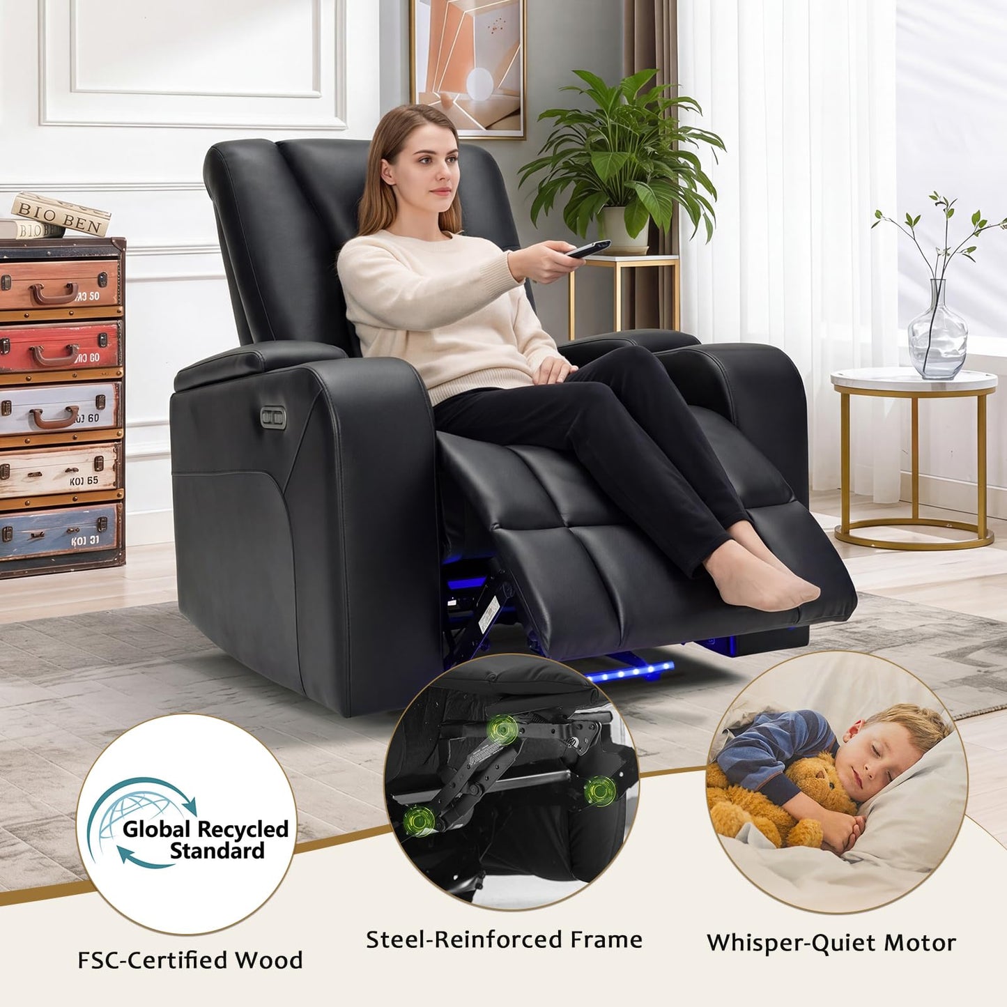 ANJ Home Theater Seating Power Recliner Chair with Hidden Arm Storage, Faux Leather Recliners with LED Light, Electric Movie Reclining Sofa with USB Ports & Cup Holders for Media Living Room, Black