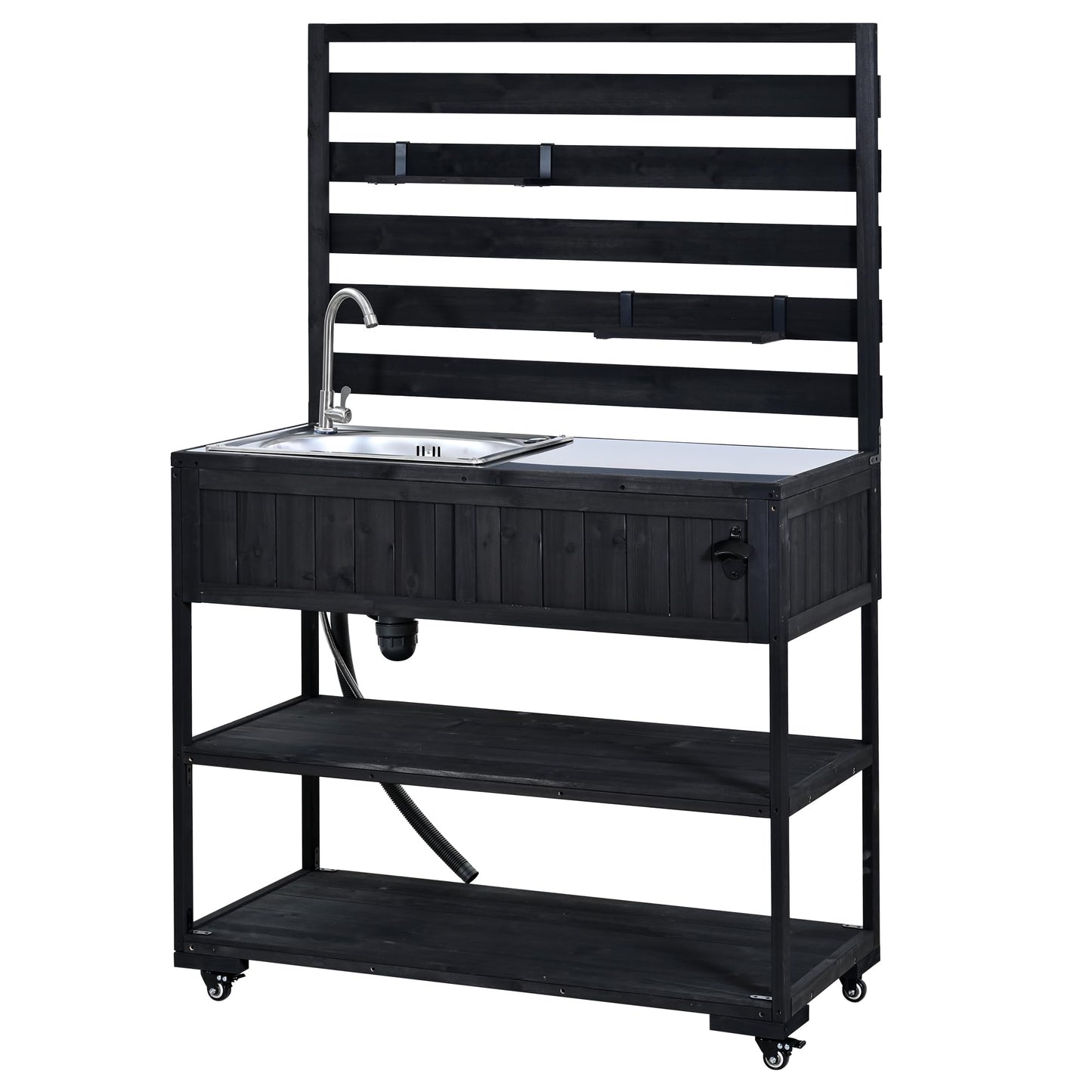 GDFStudio Elvale Patio Rolling Kitchen Island Cart with Sink, Wooden Outdoor Storage Cabinet with Stainless Steel Top, Movable Shelves, Bottle Opener and Lockable Wheels, Garden Potting Bench, Black