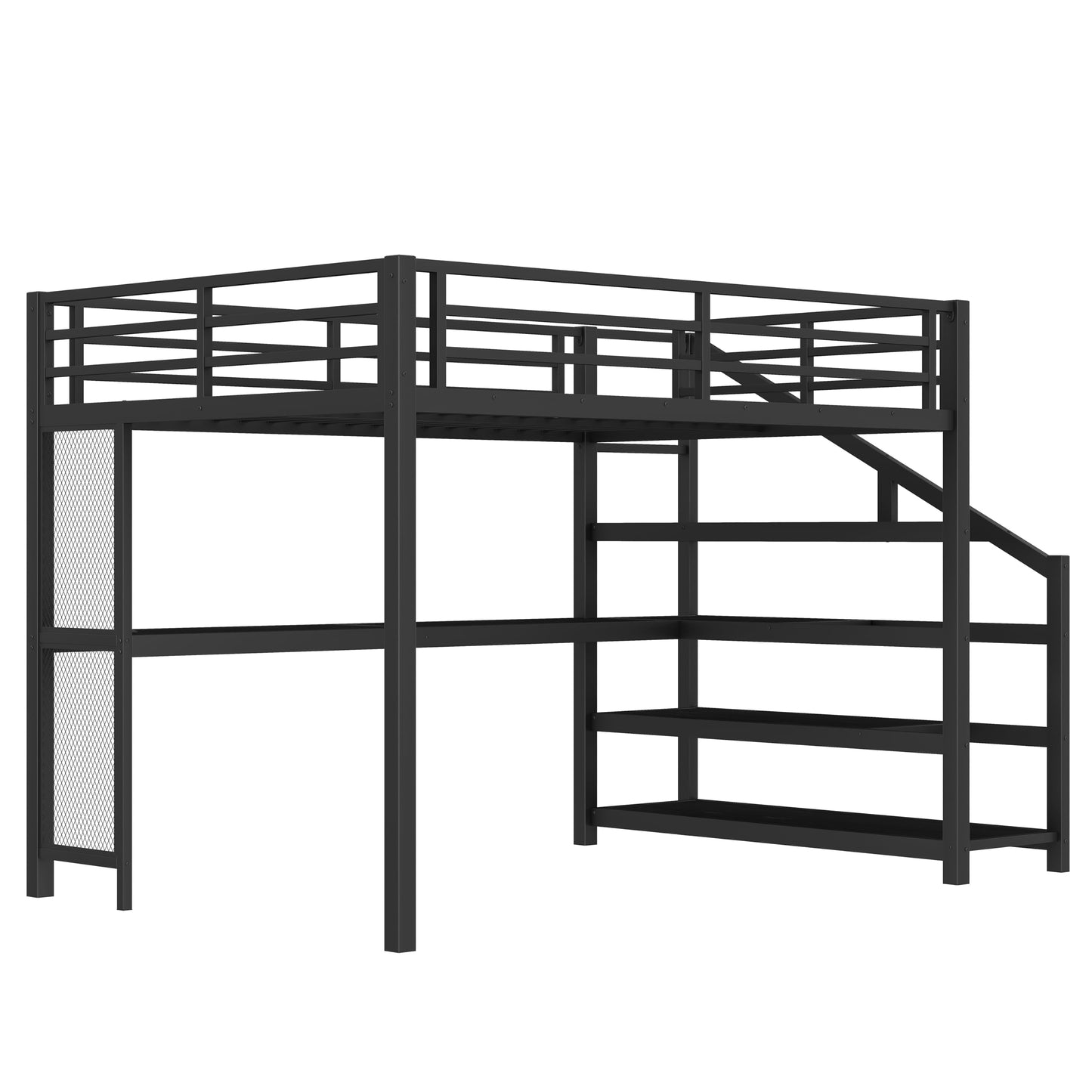 Bellemave Queen Loft Bed with Desk & Storage Stairs, Metal Queen Size Loft Bed Frame with Iron Nets, LED Lights & USB Ports, Heavy Duty Adult LoftBed for Bedroom, Noise-Free, Black Wood