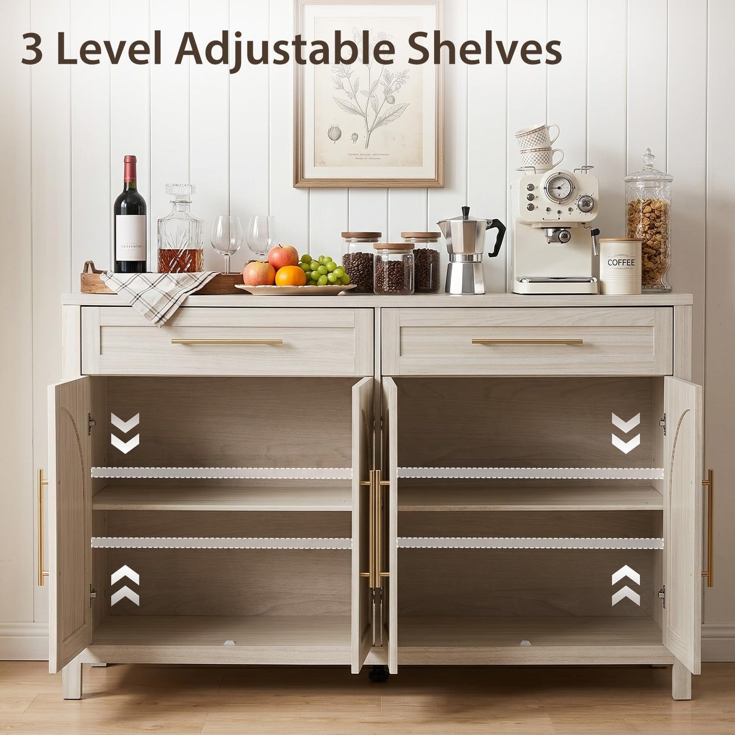 FNeL Mid-Century Modern Arched Sideboard, 55" Buffet Cabinet with Storage, 4-Door Accent Cabinet, Long Sideboard Buffet Table for Kitchen, Living Room, White