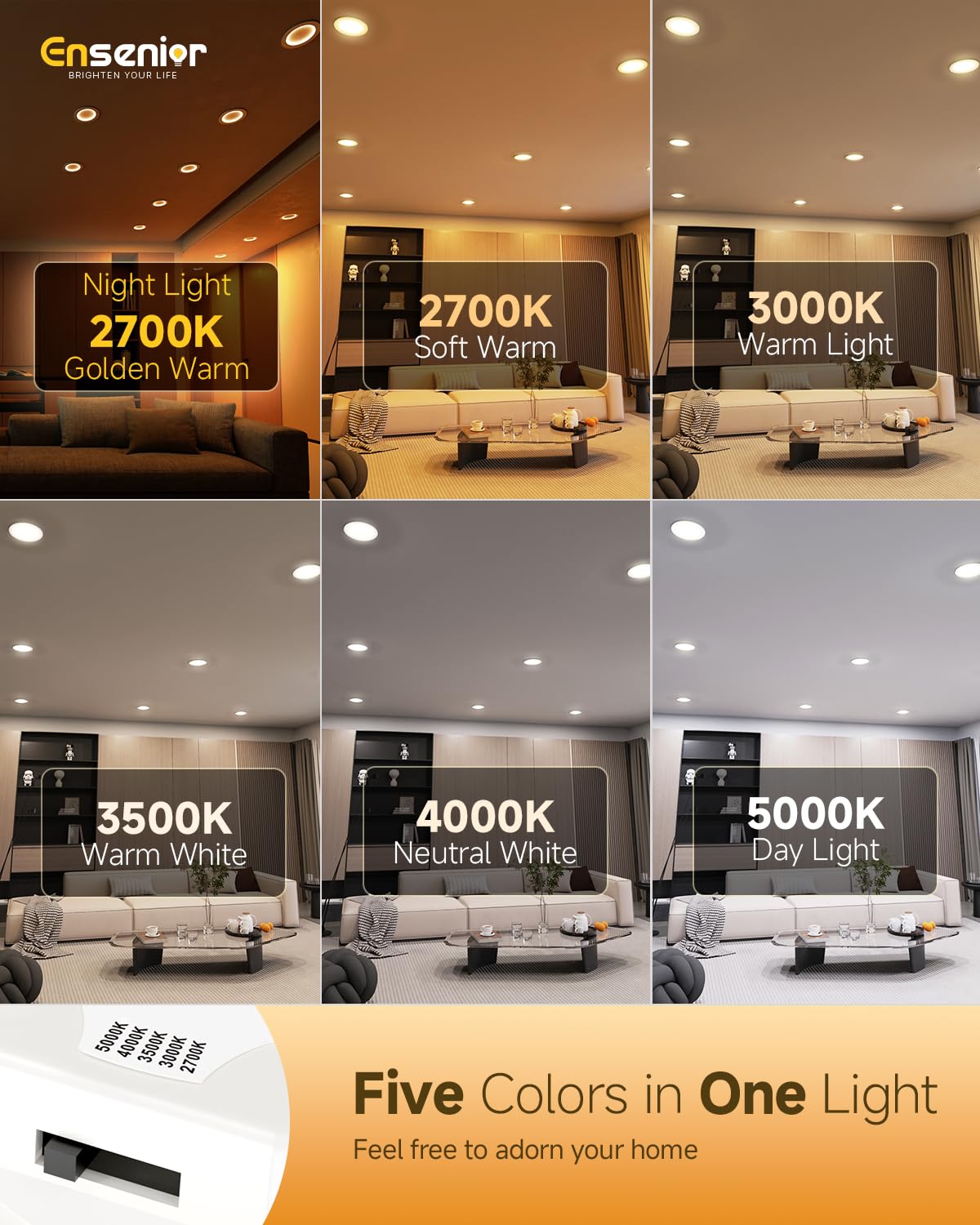 Ensenior 4 Inch LED Recessed Lighting 4 Pack, Dimmable, 5CCT Adjustable Color Temperature, Model XY3-6I-5CCT-12-WH