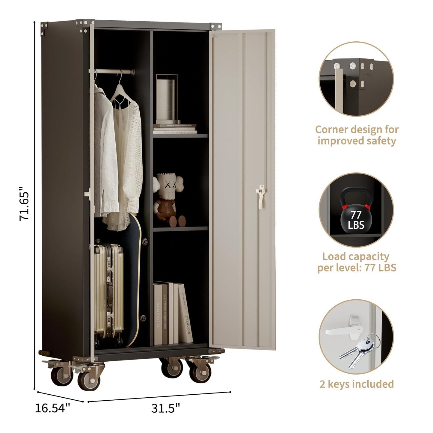 ActiveTrail Metal Storage Cabinet with Lock-71 Tall Tool Organizer Steel Lockers w/Hanging Rod Metal Wardrobe Cabinet on Wheels for Home, Office, Warehouse, Garage