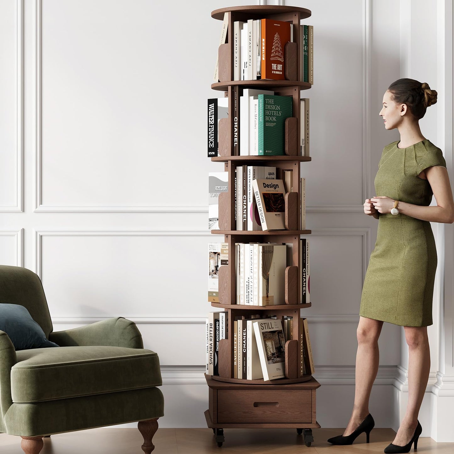 JIAWORLDER Solid Wood Rotating Bookshelf Tower on Wheels, 5-Tier Spinning Bookcase with Drawer, 72" Floor Standing Revolving Bookshelf, Rotating Bookcase for Small Space, Walnut