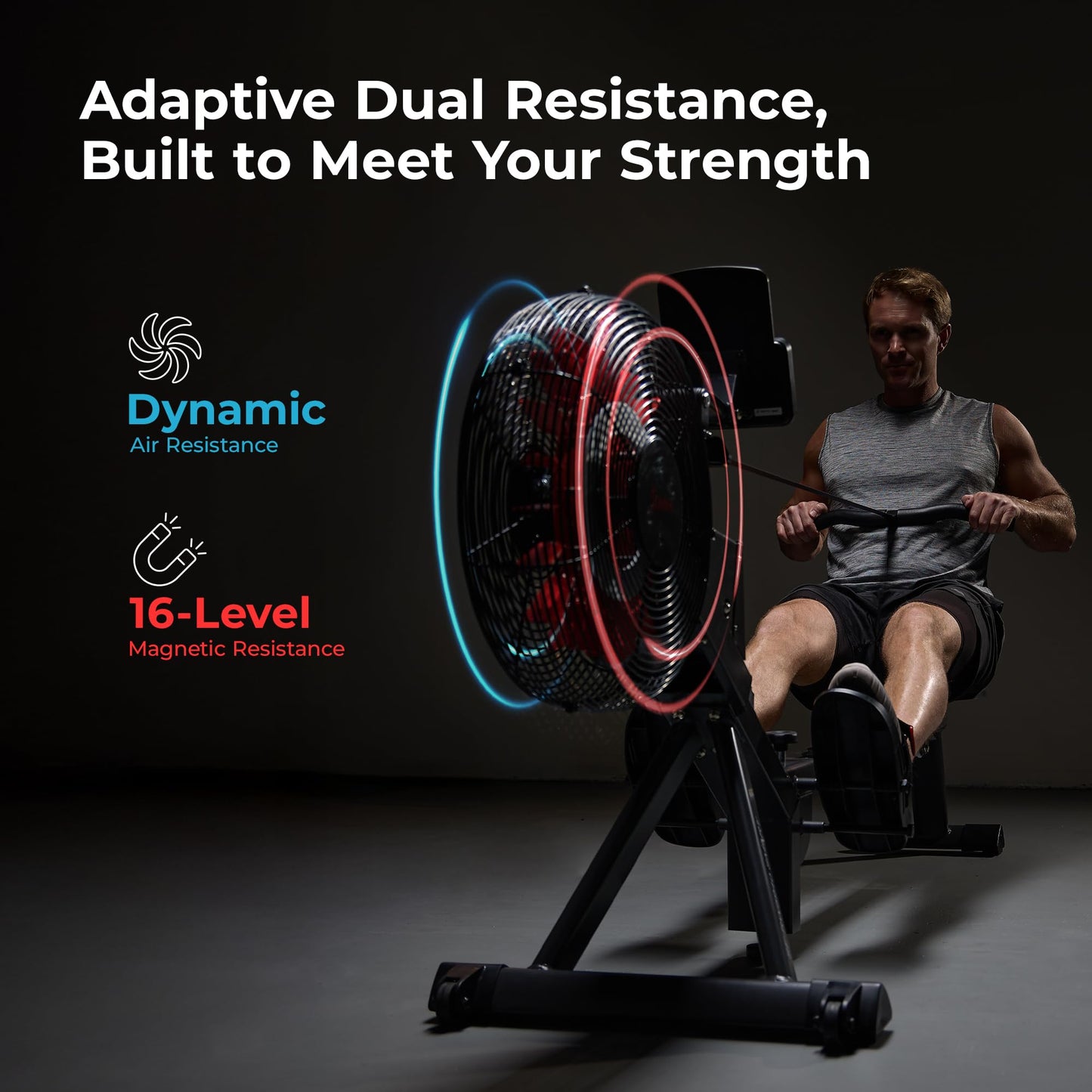 Sunny Health & Fitness Premium Smart Air & Magnetic Resistance Rowing Machine, Foldable Long Silding Rail Exercise Rower for Home Training, Free SunnyFit App Connection