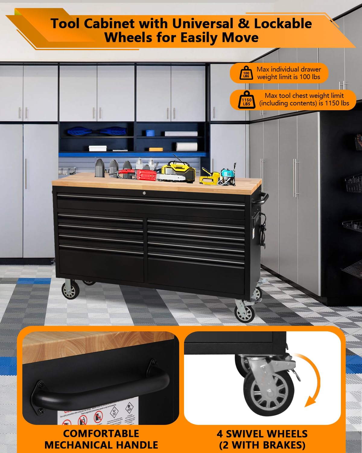 GarveeTech 61-Inch Heavy-Duty Rolling Tool Chest & Mobile Workbench with 9 Drawers, Rubber Wood Tabletop, Key Locking System, Drawer Liners and Wheels, Steel Storage Cabinet for Garage, Workshop