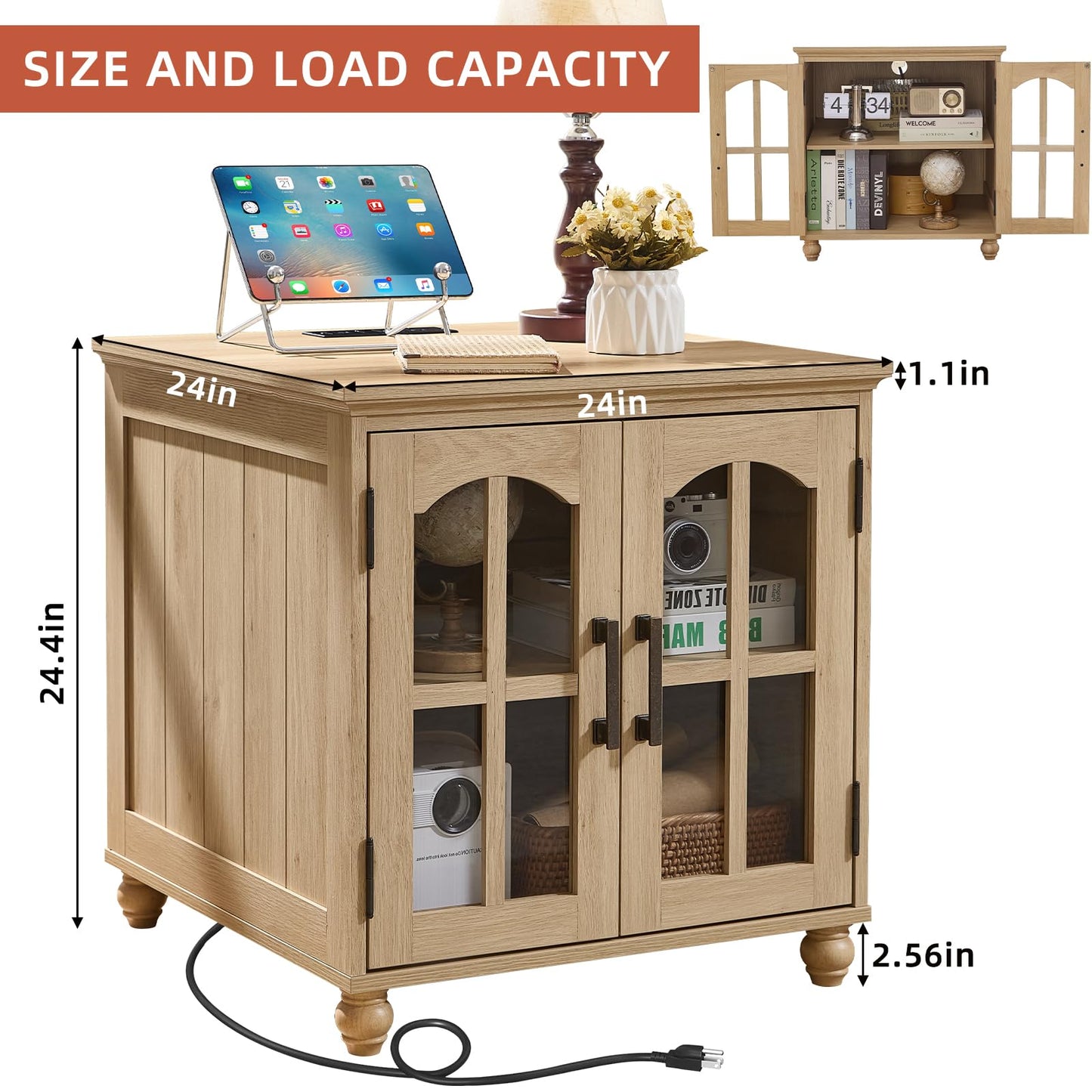 RWYHG Farmhouse 24" End Table Set of 2 with Charging Station, Large Sofa Side Table with Glass Barn Door,Wood Night Stand with Adjustable Storage Shelf,Square Bedside Table for Living Room,Bedroom