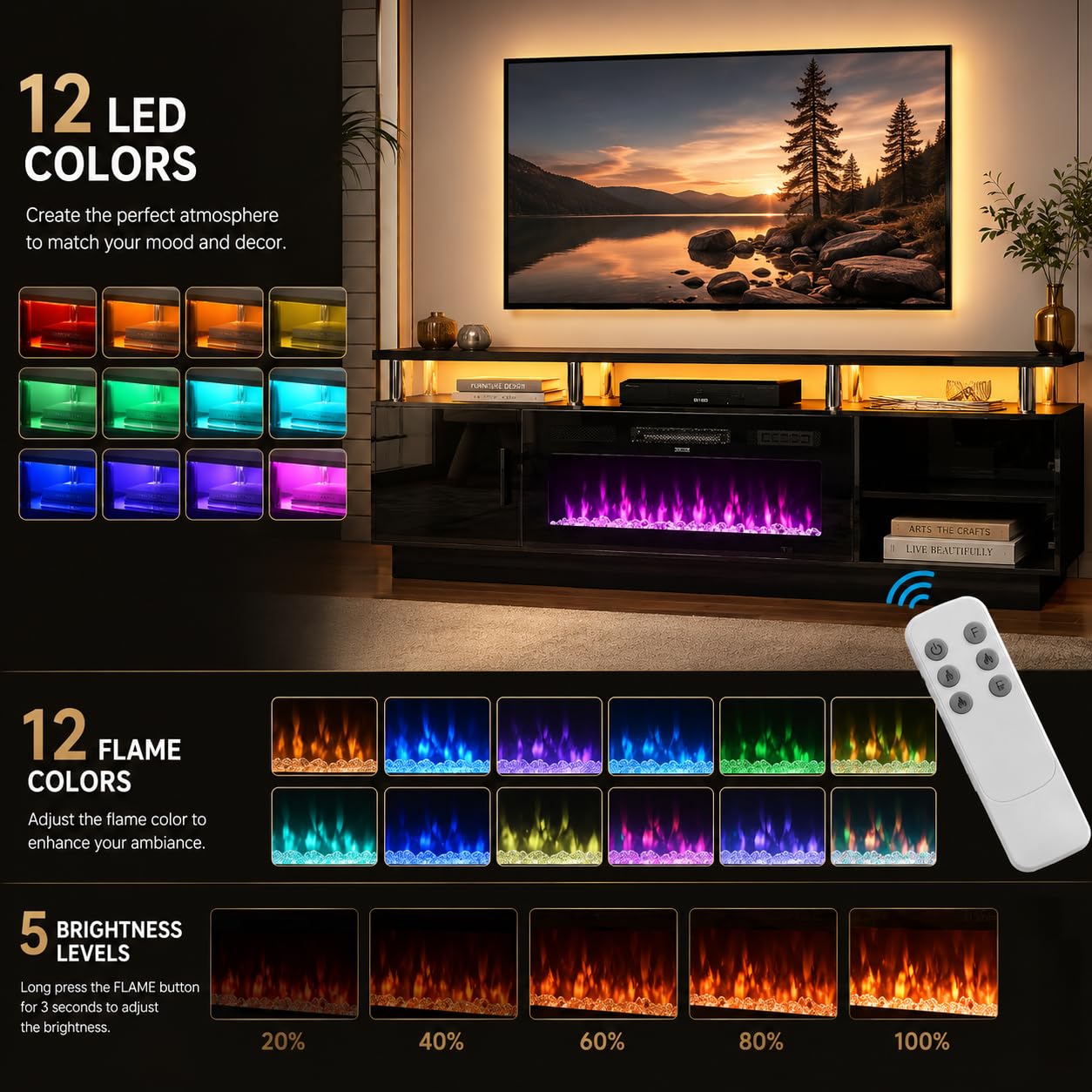 OneBlis 70" TV Stand for Living Room, Modern Entertainment Center & Media Console, Fits TVs up to 80", Storage Cabinet with Shelves, 36" Electric Fireplace with LED Flame (All Black)