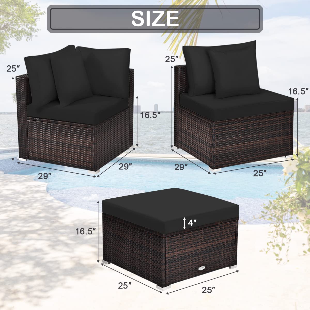 Tangkula 4 PCS Patio Rattan Sofa Set, Outdoor Wicker Sectional Furniture Set, Patio Conversation Set with Removable Cushions & Pillows for Backyard Porch Garden Poolside Balcony (Black)