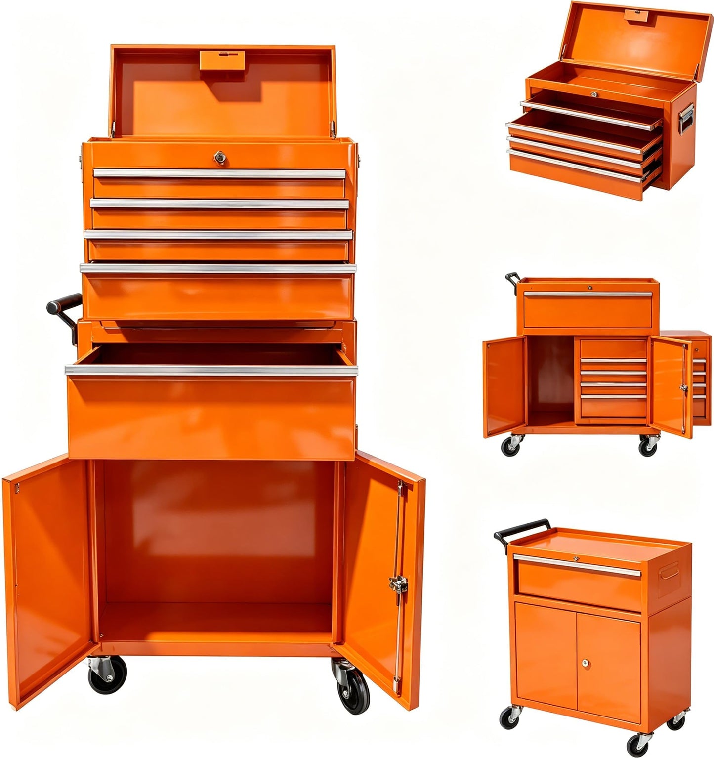 SierraSquad Heavy Duty 5-Drawer Rolling Tool Chest, 2-in-1 Detachable Top Tool Box, Locking Steel Storage Cabinet Cart on Wheels, Orange