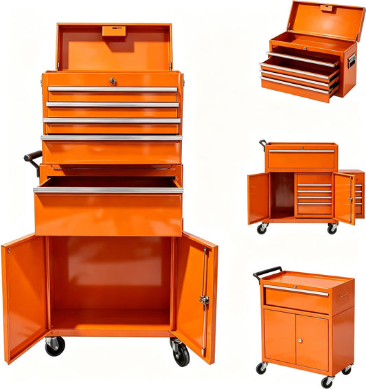 SierraSquad Heavy Duty 5-Drawer Rolling Tool Chest, 2-in-1 Detachable Top Tool Box, Locking Steel Storage Cabinet Cart on Wheels, Orange