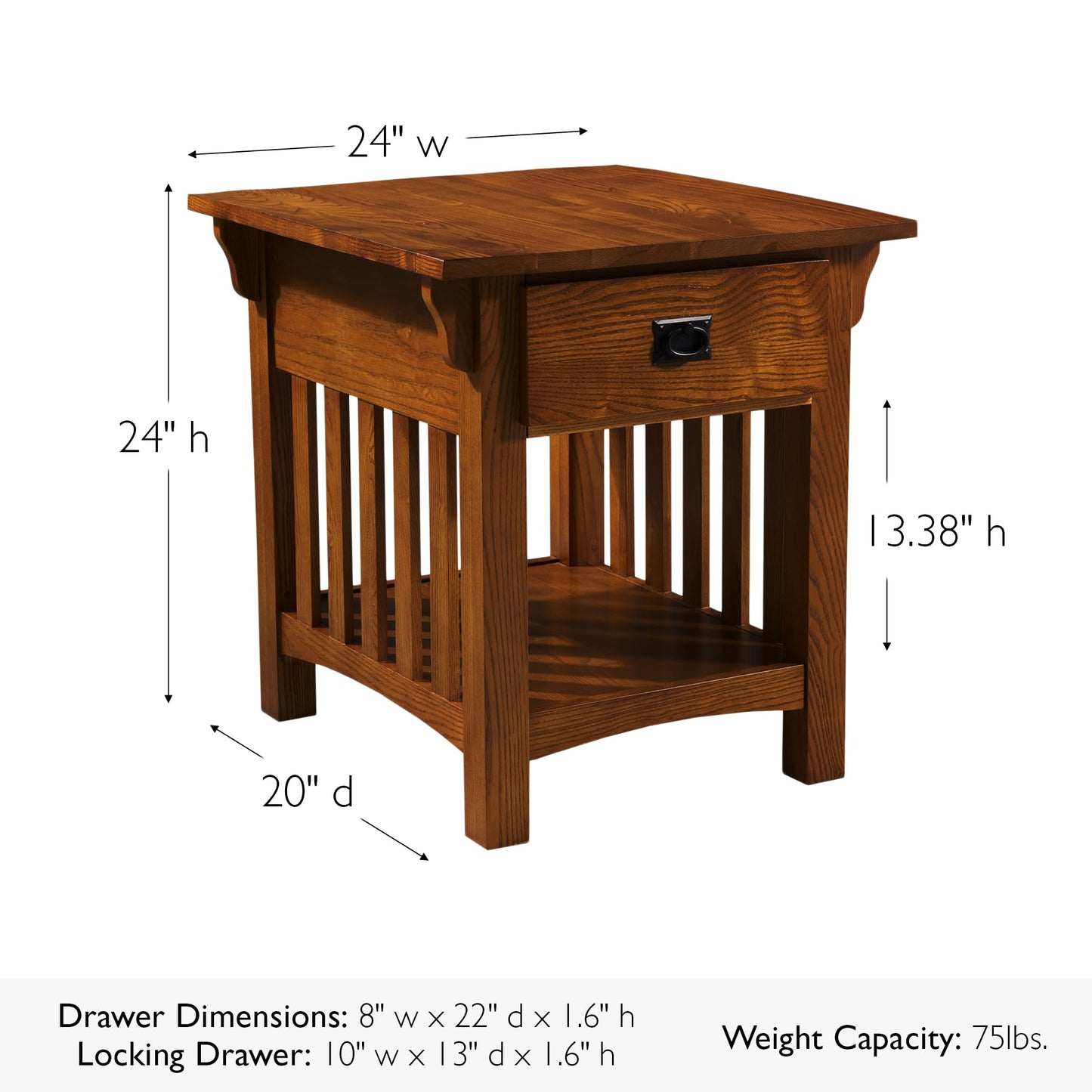Leick Home Mission End Table, Solid Wood, 1 Storage Drawer, Additional Secret Compartment, Bottom Display Shelf, Easy-Assembly, Medium Oak, 20.0 in. L x 24.0 in. W x 24.0 in. H, 8222-SC