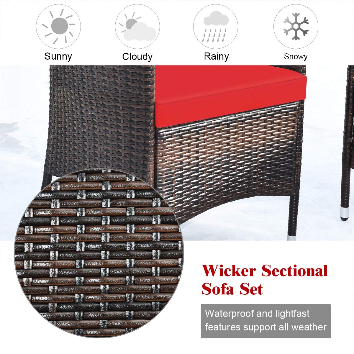 COSTWAY 8PCS Rattan Patio Furniture Set, Outdoor Wicker Rattan Chairs with Coffee Table, Rattan Cushioned Conversation Set for Backyard Balcony Porch Poolside, Red