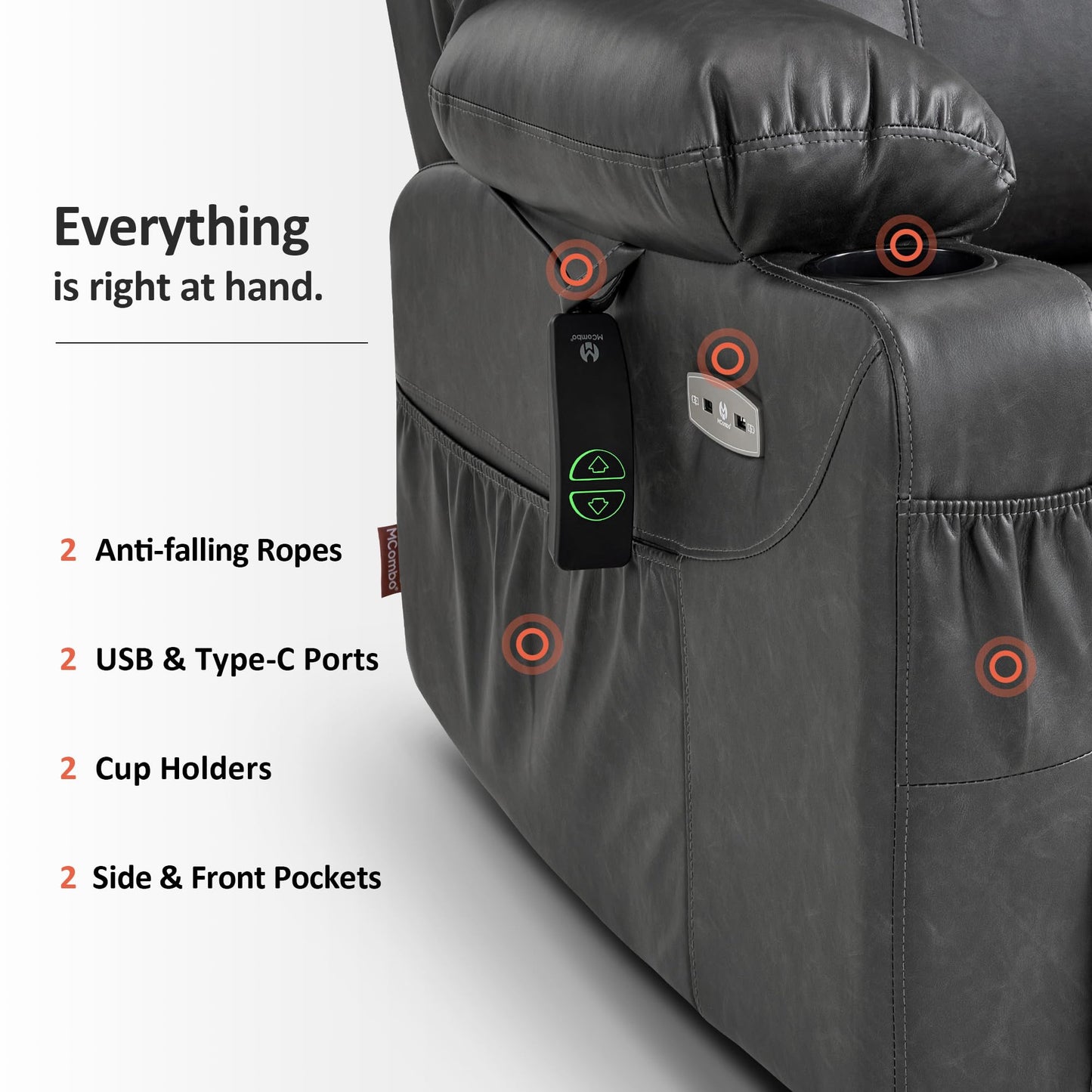 MCombo Electric Power Lift Recliner Chair Sofa with Massage and Heat for Elderly, 3 Positions, 2 Side Pockets, and Cup Holders, USB Ports, Faux Leather 7040 (Grey, Medium)