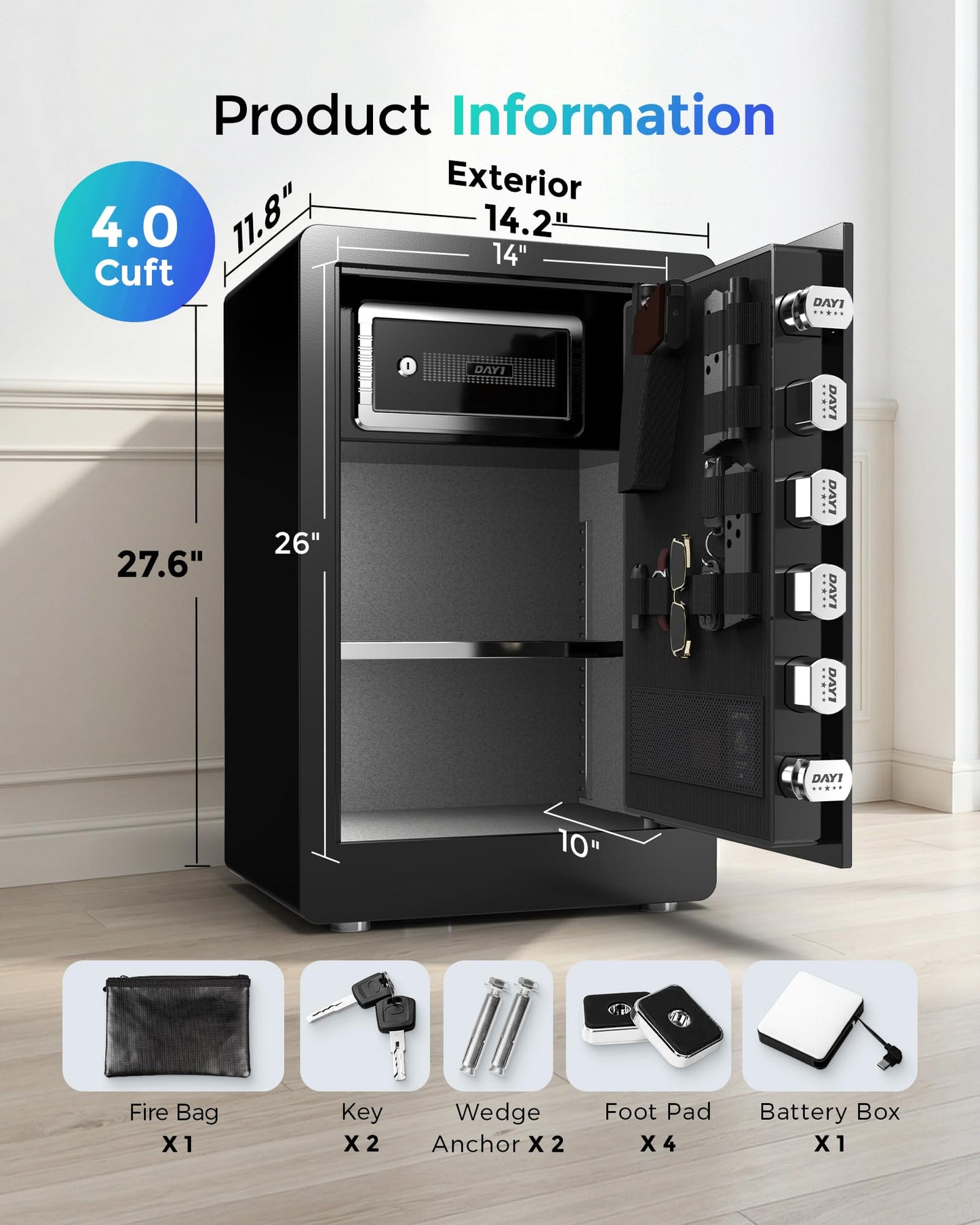 DAYI Biometric Fingerprint Safe Box, 4.0 Cubic Feet Home Safes with Fireproof Bag, Digital Touchpad Security Safe for Money Cash Documents, Dual Alarm System - 70 Pro