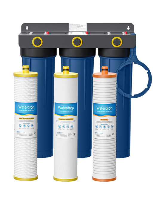 Waterdrop WHF3E-SKH 3-Stage Whole House Water Filter System, with Heavy Metal and Anti-Scale Sediment Filter, Highly Reduces Scale, Lead, Chlorine, and Taste, 5 Micron, 1" Inlet/Outlet, 20" x 4.5"