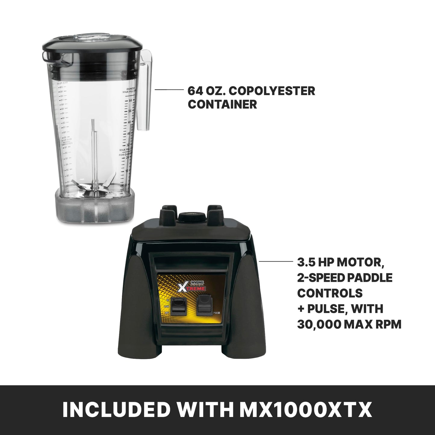 Waring Commercial MX1000XTX 3.5 HP Blender with Paddle Switches, Pulse Feature and a 64 oz. BPA Free Copolyester Container, 120V, 5-15 Phase Plug, Black