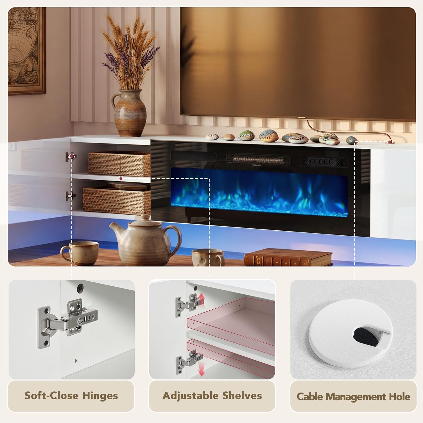 OneBlis 70" Floating TV Stand, Wall-Mounted Entertainment Center with 36" Electric Fireplace, Fits TVs Up to 80 Inches, Media Console with LED Lights for Living Room, White+Black