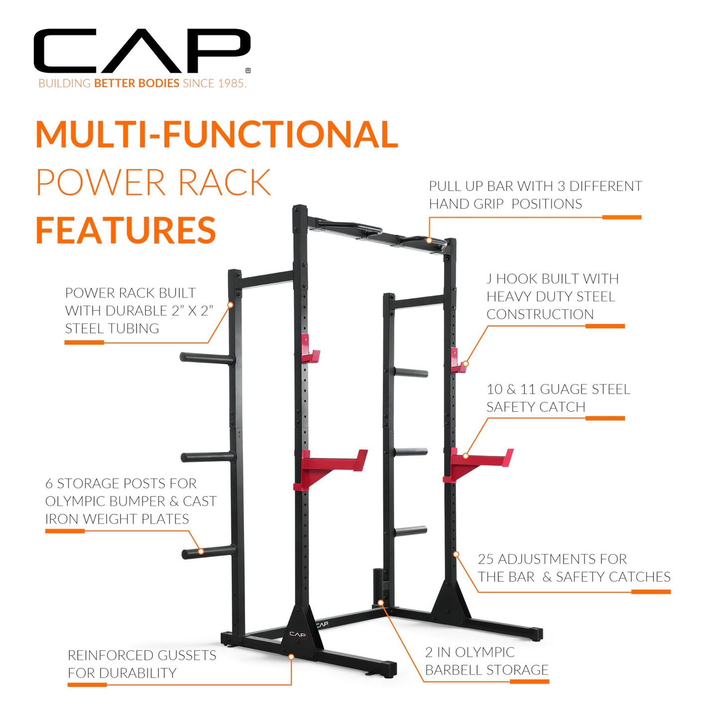 CAP Power Rack with Pull Up Bar & Attachments - Squat Rack & Strength Training Power Cage for Home Gym - BLACK