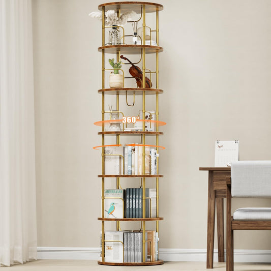 ALLSTAND 6 Tier Rotating Bookshelf, 360 ° Display Stackable Spinning Bookshelf Tower, Corner Bookshelf Tall Floor Standing Swivel Bookcase Narrow Storage Organizer for Bedroom, Living Room, Gold