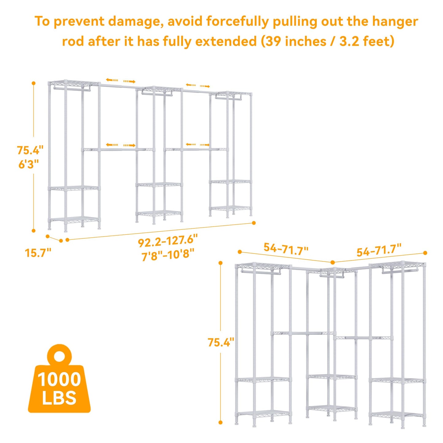 Higeego H11 Heavy Duty Garment Rack, Clothing Rack for Hanging Clothes, Extra Large Closet, Freestanding Wardrobe Closet Organizer and Storage with Hanger Rods, Extendable from 7.8 to 10.8 ft, White