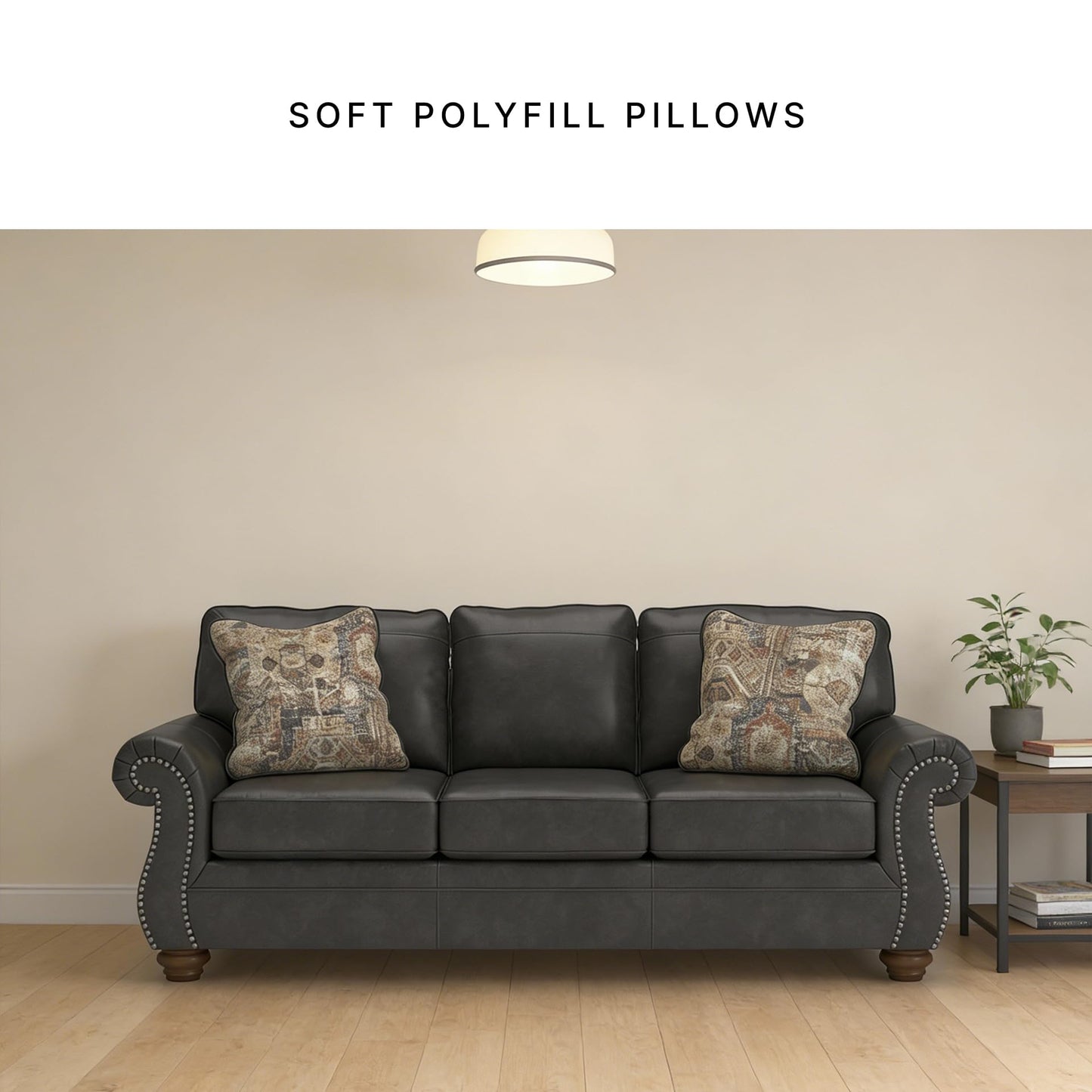 Signature Design by Ashley Shadsburne Rustic Faux Leather Sofa with Nailhead Trim and 2 Chenille Throw Pillows, Pillows with Soft Polyfill, Reinforced Frame for Added Stability, Black