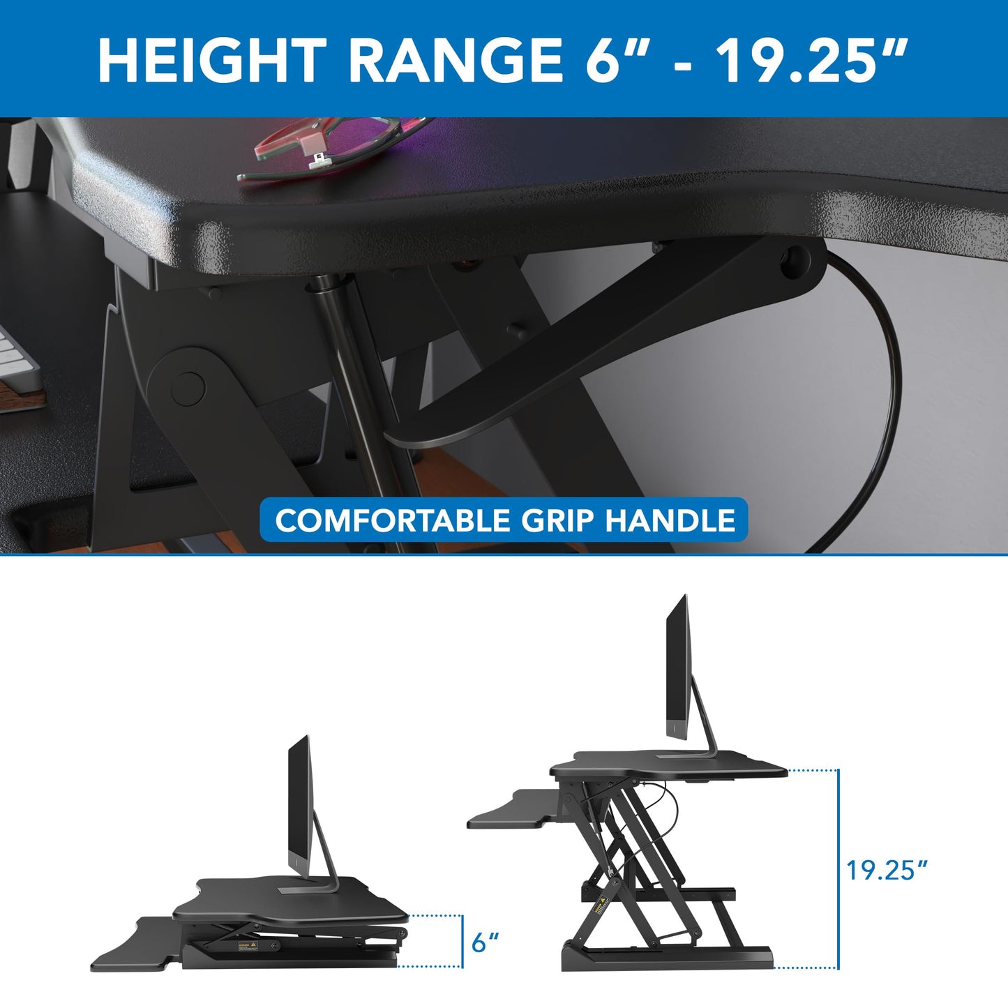 Mount-It! Standing Desk Converter, 48" Wide Sit Stand Desk Riser with Dual Gas Spring Handles, Height Adjustable from 6"–19.25", Extra Large Tabletop for 2 Monitors, Keyboard Tray & Device Slot, Black