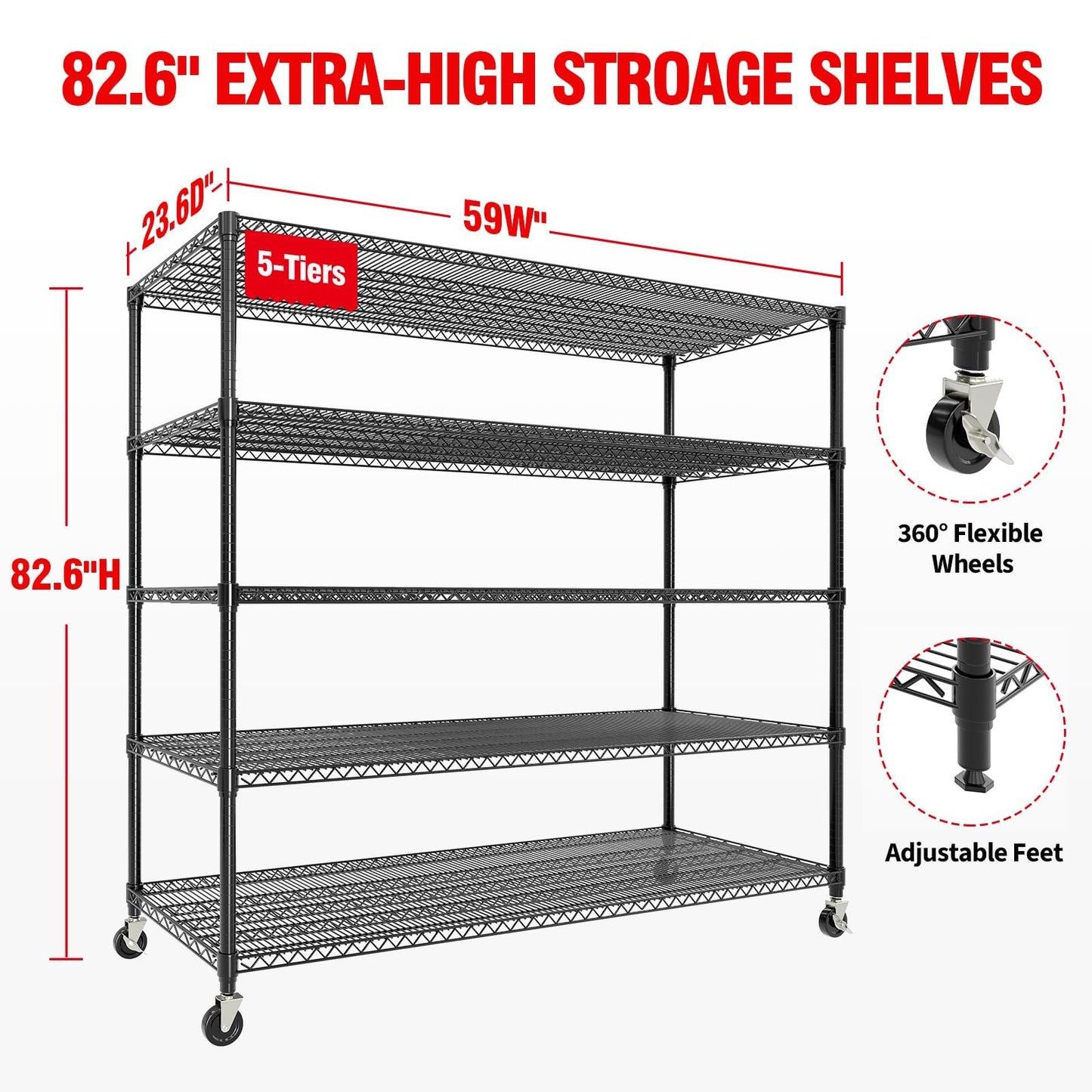 MilleLoom 5 Tier Metel Shelving with Wheels, Garage Storage Shelves Heavy Duty Rack Load 3300LBS, Ajustable Black Wire Shelving Unit, for Home Garage Basement, Easy Assembly, 59" W X 24" D X 82" H