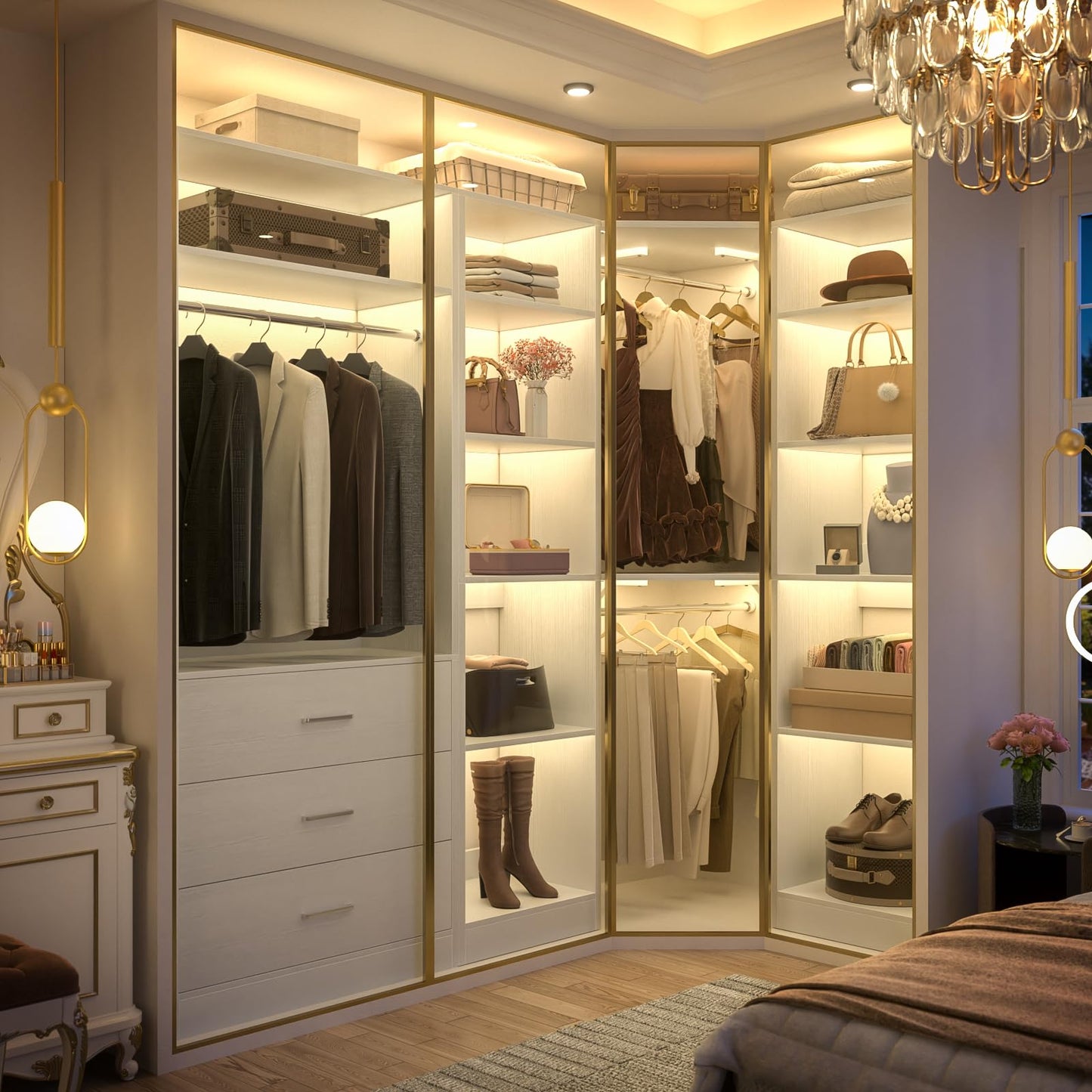 Besiost Corner Closet System with 3 Drawers, Corner Closet Organizer System with 13 Shelves & 3 Hanging Rods, 63.2"L * 39.2"W Reversible L Shaped Walk-in Closets, Load 2000+LBS, White