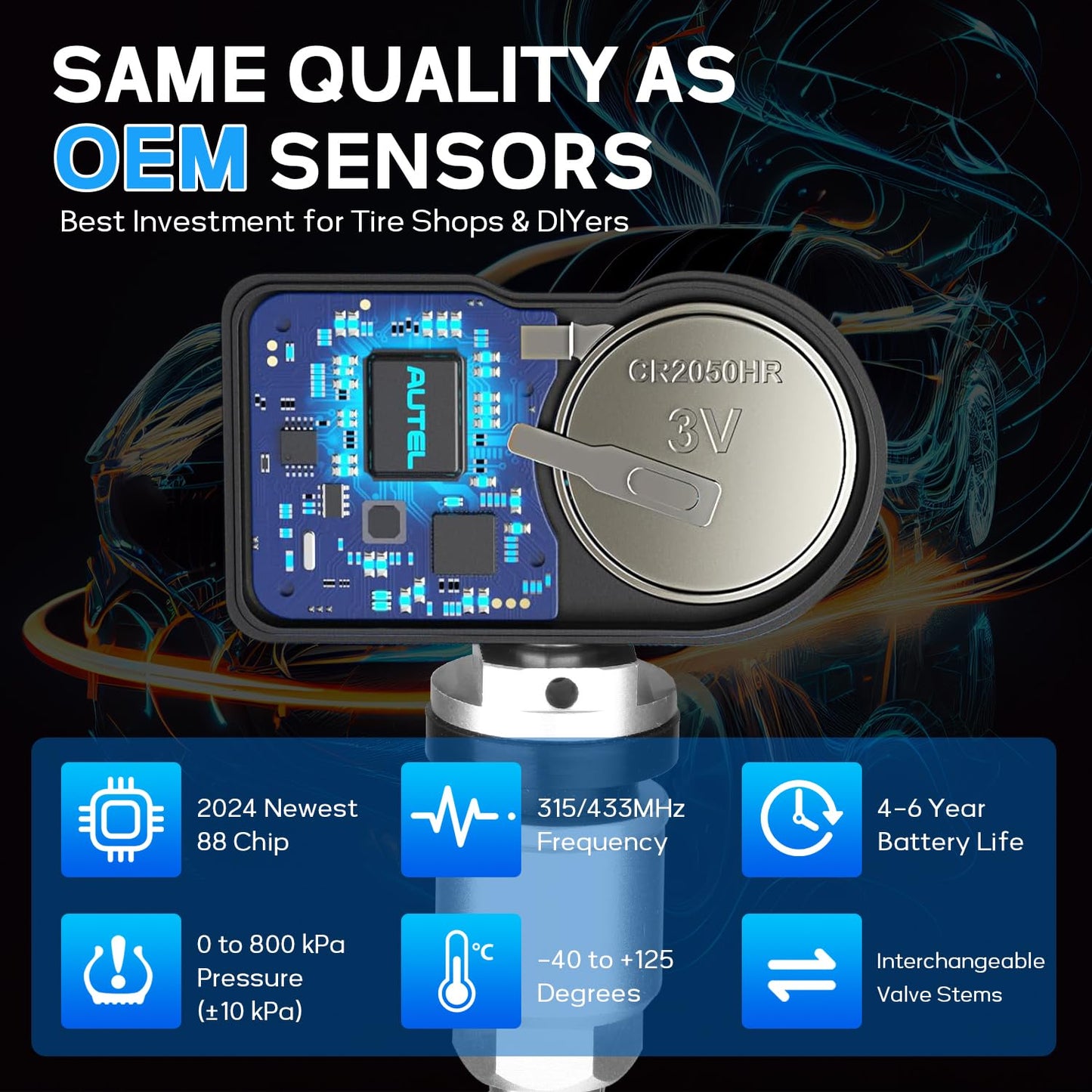 Autel TPMS Sensors 2in1 MX-Sensor 315MHz + 433MHz Press-in Tire Pressure Monitor System Sensor OE-Level TPMS Sensor Programmable by Autel TPMS Tool with TS408 TS508WF TS601, (Metal Stem Set of 16)