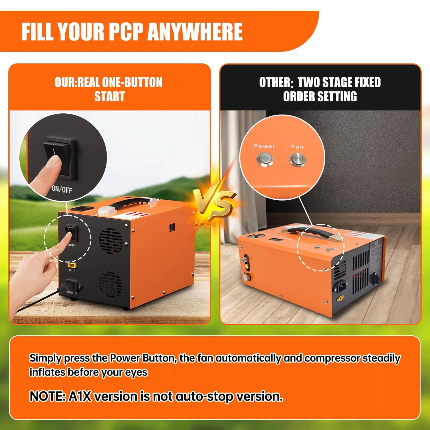 TOAUTO A1X PCP Air Compressor,4500Psi 30Mpa, Water/Oil-Free, One Button Start, Bursting disc, Powered by Car 12V DC or Home 110V AC (A1X)
