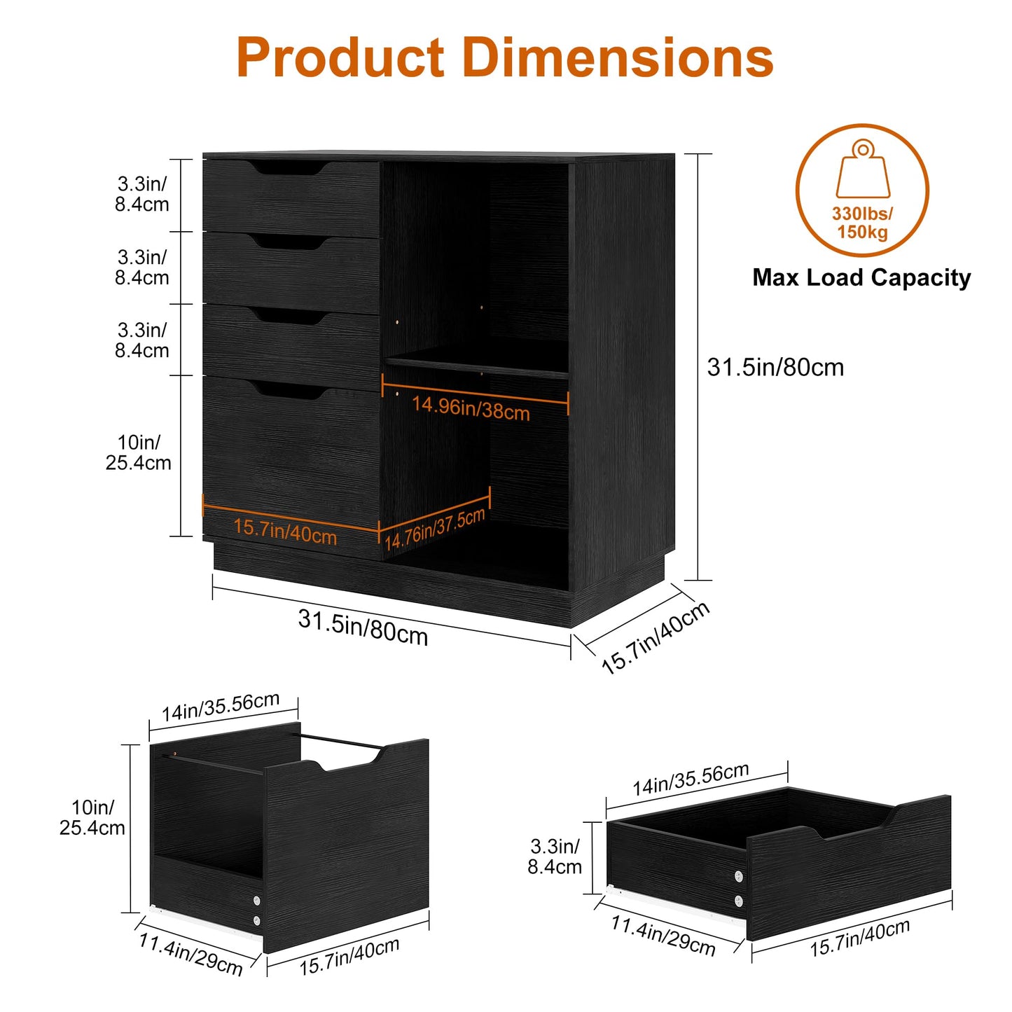 TQVAI 4 Drawer Filing Cabinet Organizer with 2 Open Shelves, Heavy Duty for Storing Letter A4 Size and Printer, Wood Lateral File Cabinets for Home Office, Hanging Files, Black, Easy Assembly