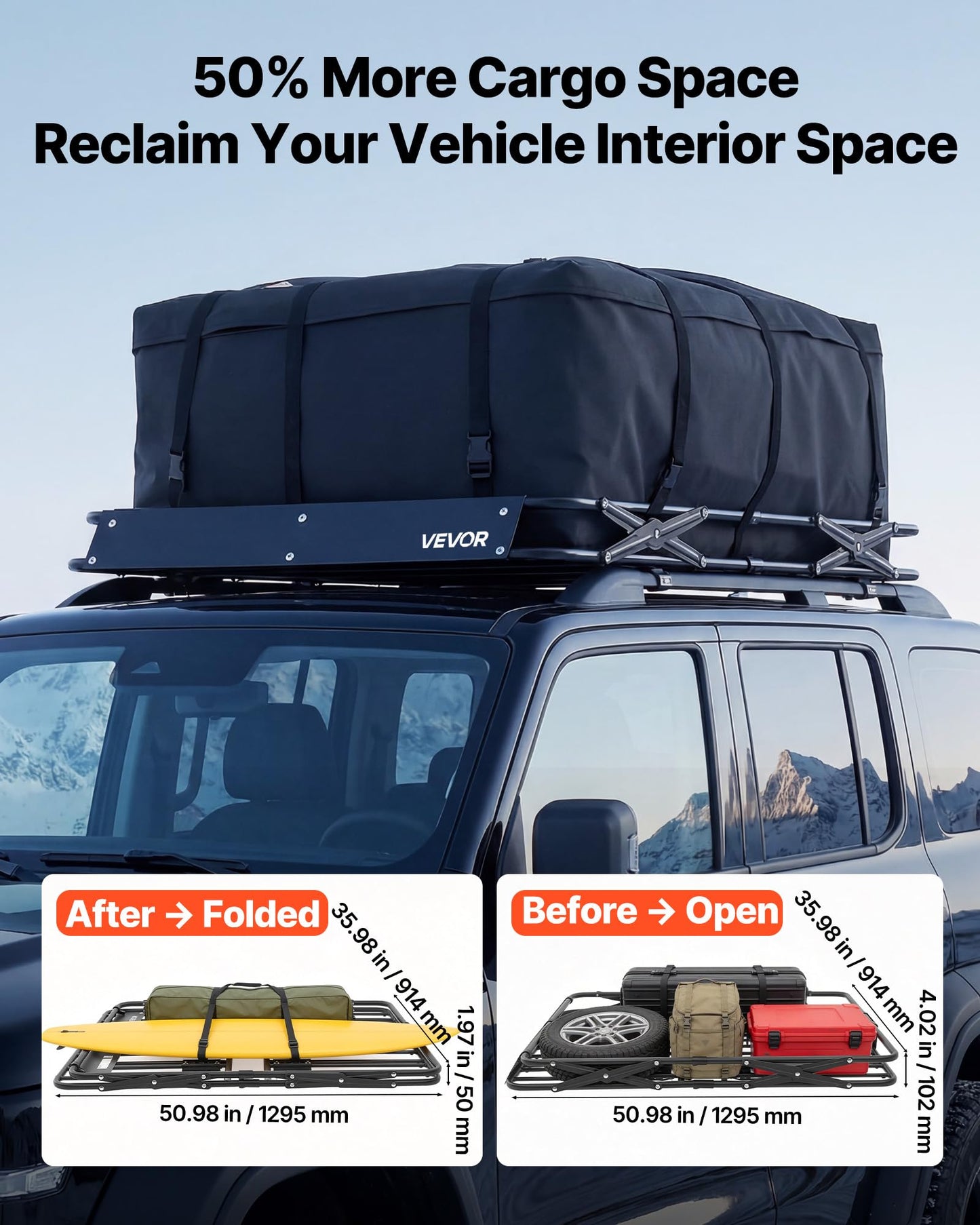VEVOR Roof Rack Basket with Cargo Bag, 51 x 36 x 4 in, Roof Top Carrier Basket with Folding Design, 200 lbs Capacity, All-Weather Car Top Luggage Holder, Universal Fit for SUV Truck Car
