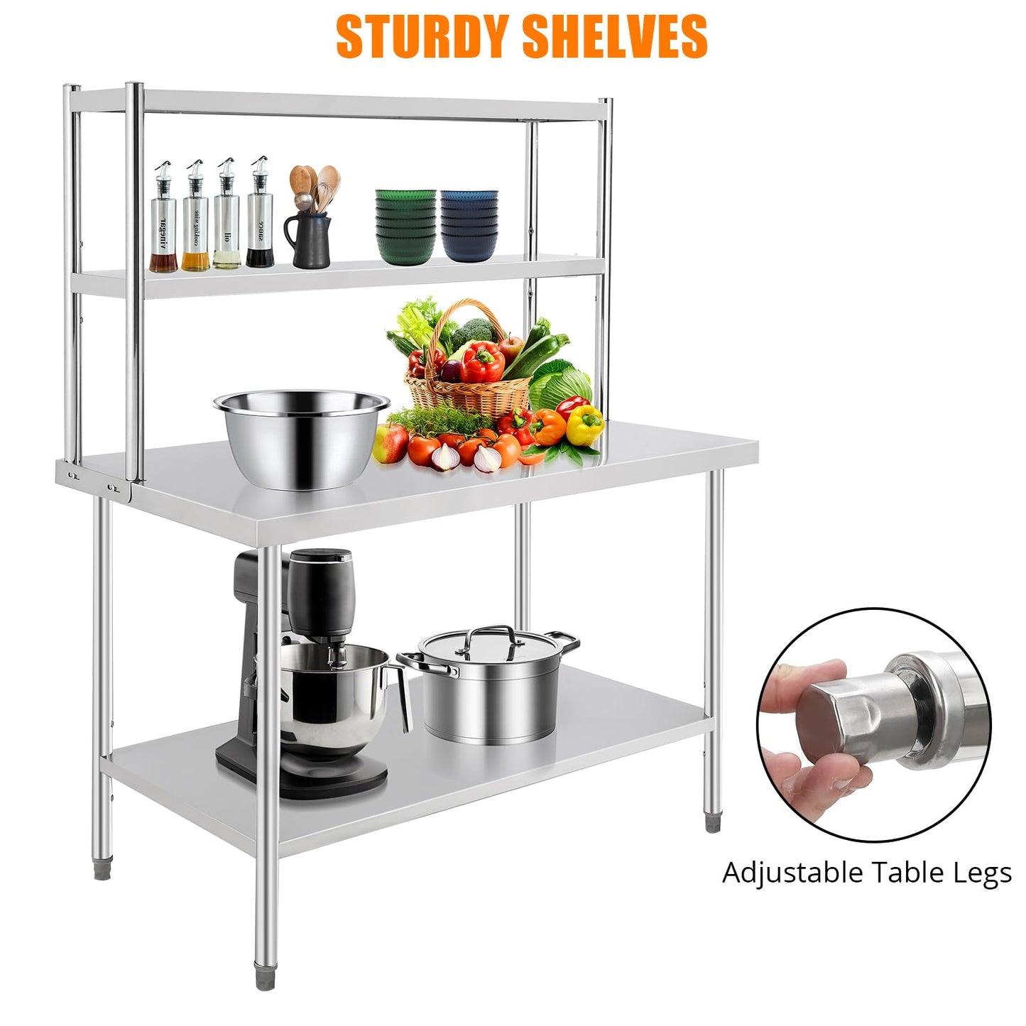 Patikuin Heavy Duty Stainless Steel Prep Table - Seamless Workbench with Adjustable Overshelves and Storage Shelf - Space-Saving Solution for Commercial Kitchen, Restaurant, Home, or Garage - 48x30in