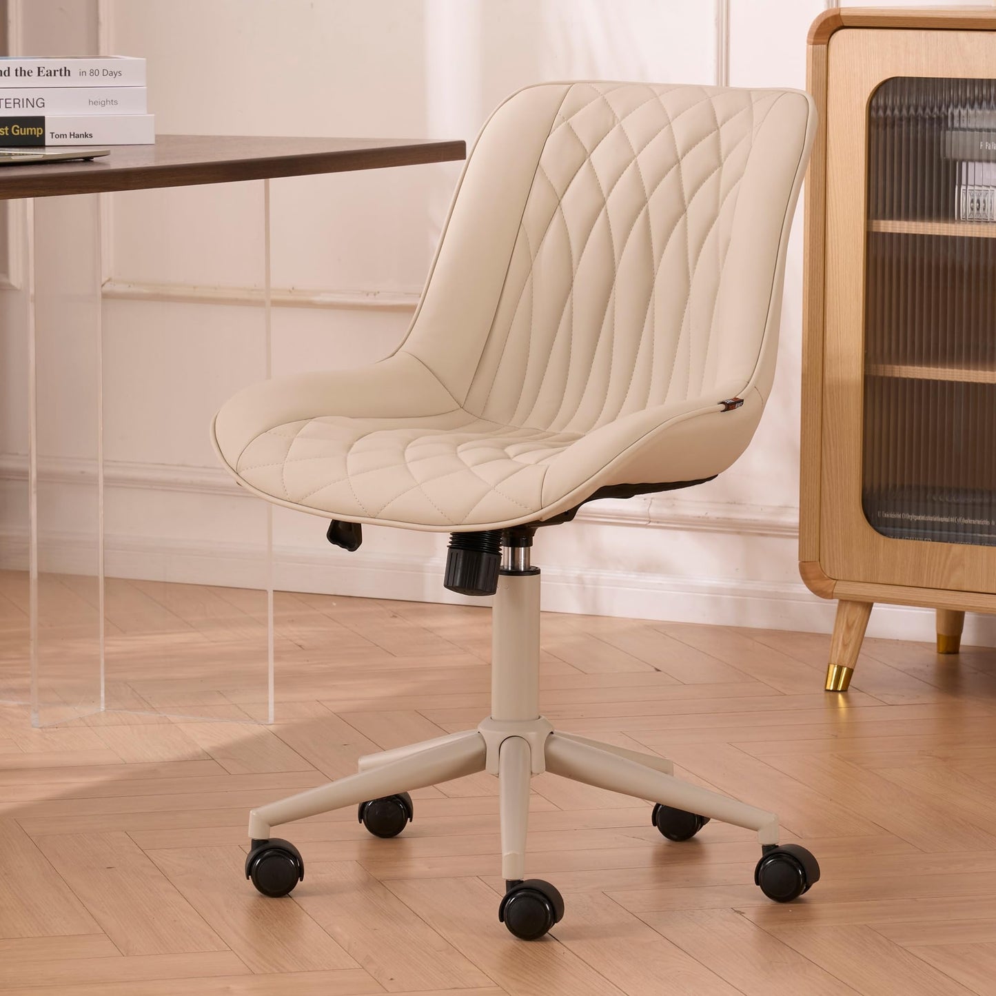 YOUNIKE Cream Faux Leather Ergonomic Office Chair Armless Comfy Desk Chair with Rocking Back Cute Swivel Vanity Chair with Wheels Height Adjustable Small Computer Task Chair for Sewing Drafting