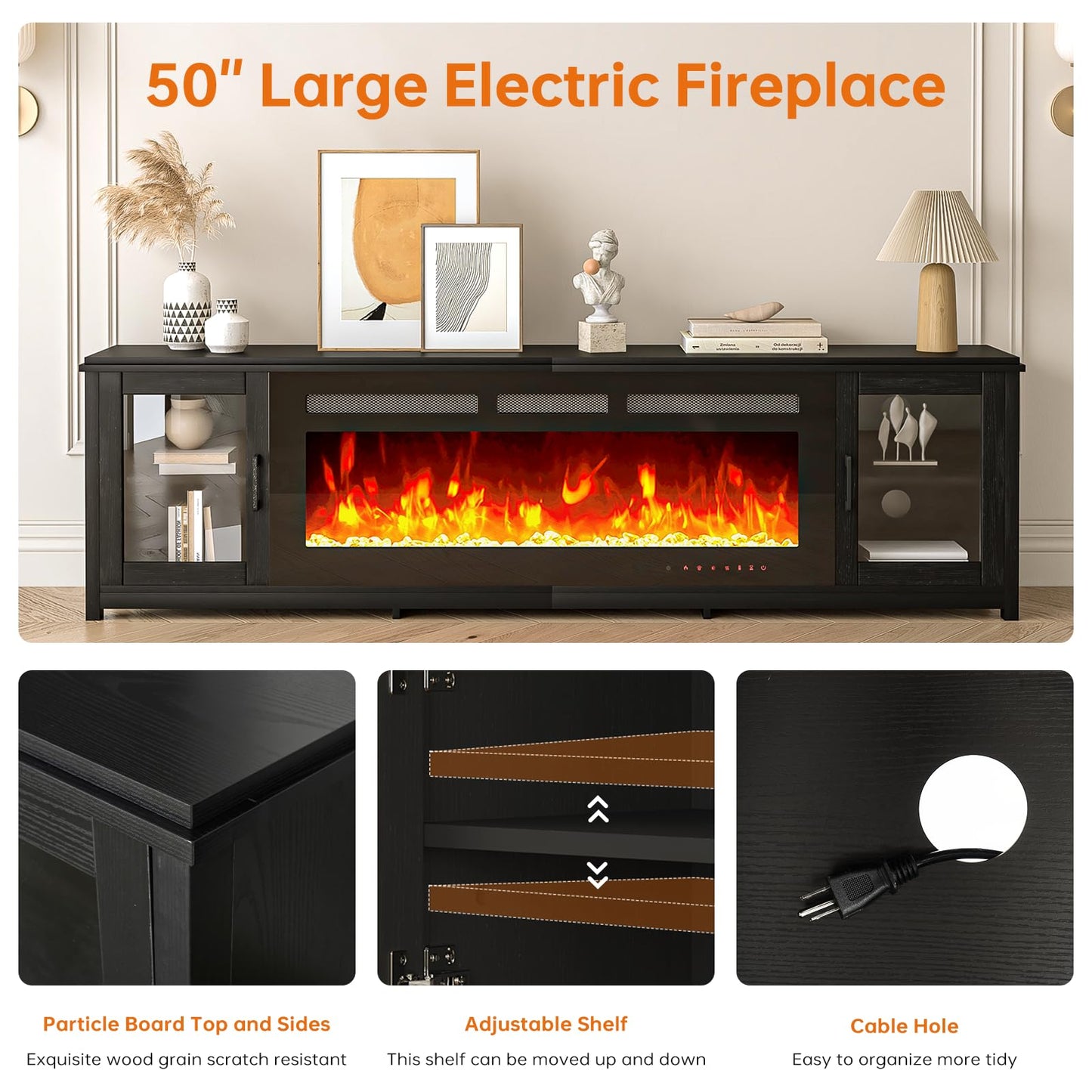 OneBlis 80" Fireplace TV Stand, Modern Entertainment Center with 50" Electric Fireplace for TVs Up to 90", TV Console for Living Room, All Black